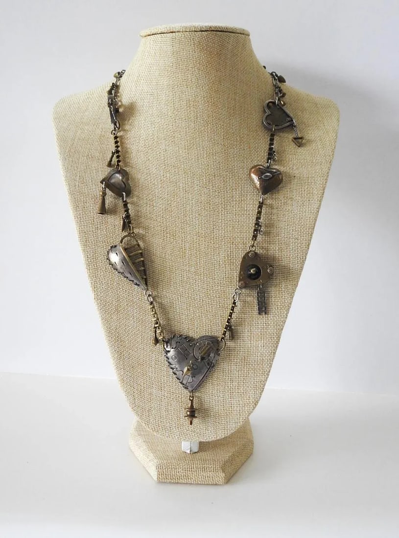 Vintage Thomas Mann Sterling and Brass Heart Charm Necklace - 2