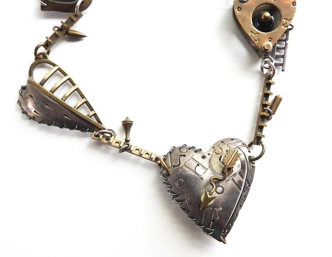 Vintage Thomas Mann Sterling and Brass Heart Charm Necklace - 3