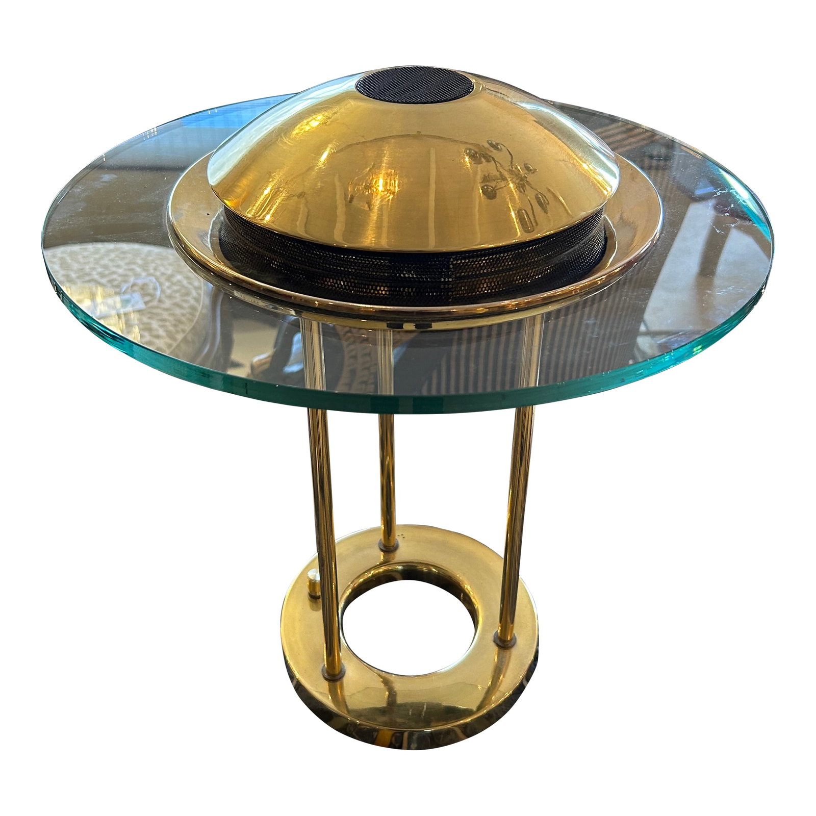 Vintage Robert Sonneman Saturn Table Lamp: Iconic mid-century Sonneman "Saturn" lamp originally designed by George Kovacs having round glass top with brass dome on top. CD Condition: Alterations: Original Condition Unaltered Imperfections: Som