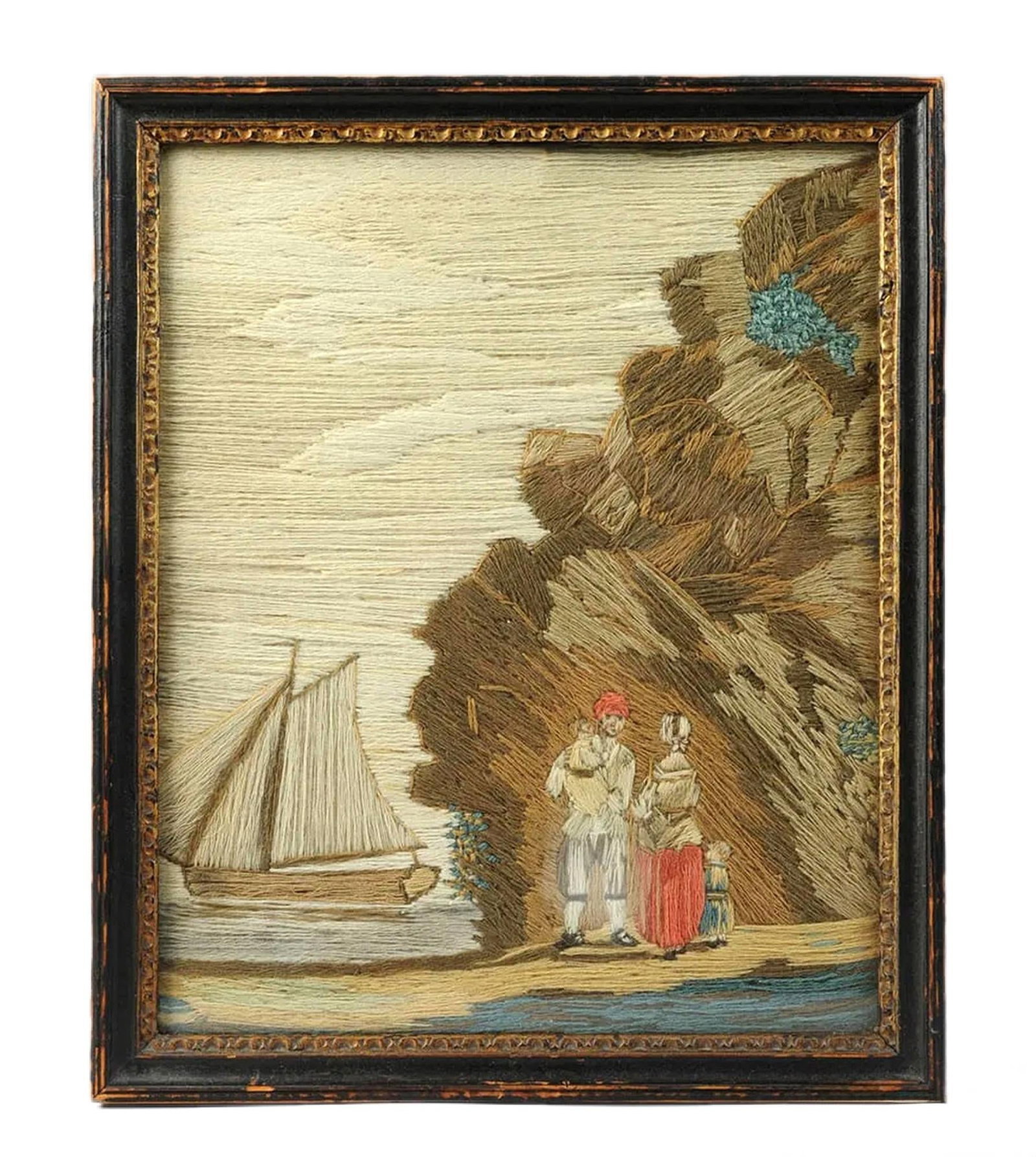 British Woolwork of a Family of Man, Wife and Child on the Seashore With Ship in Bay - 4