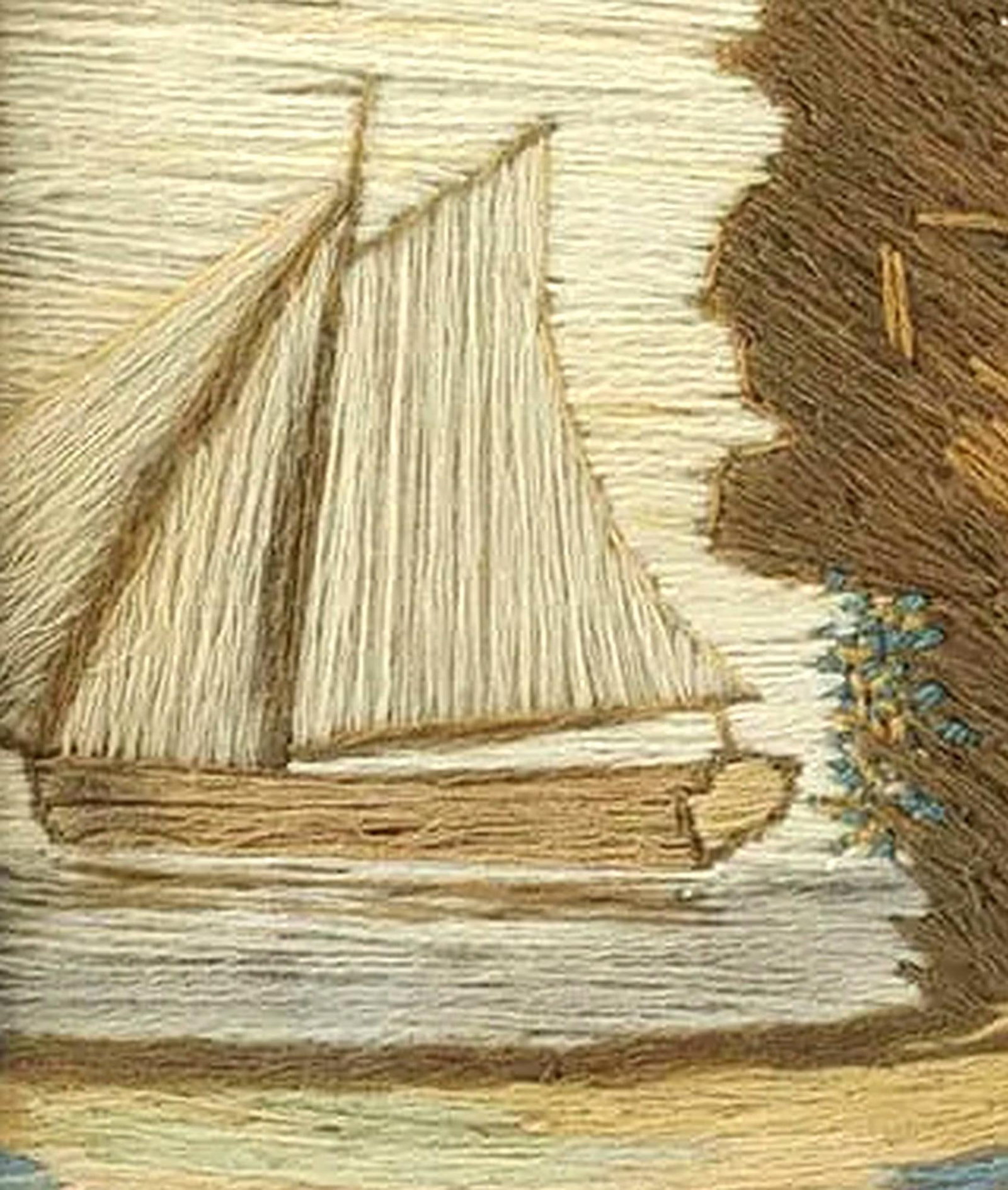 British Woolwork of a Family of Man, Wife and Child on the Seashore With Ship in Bay - 5