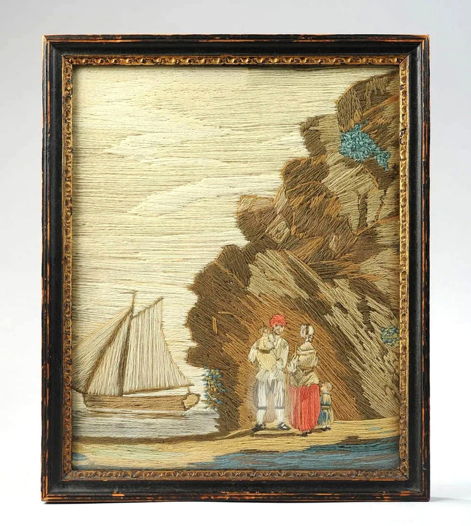 British Woolwork of a Family of Man, Wife and Child on the Seashore With Ship in Bay - 7