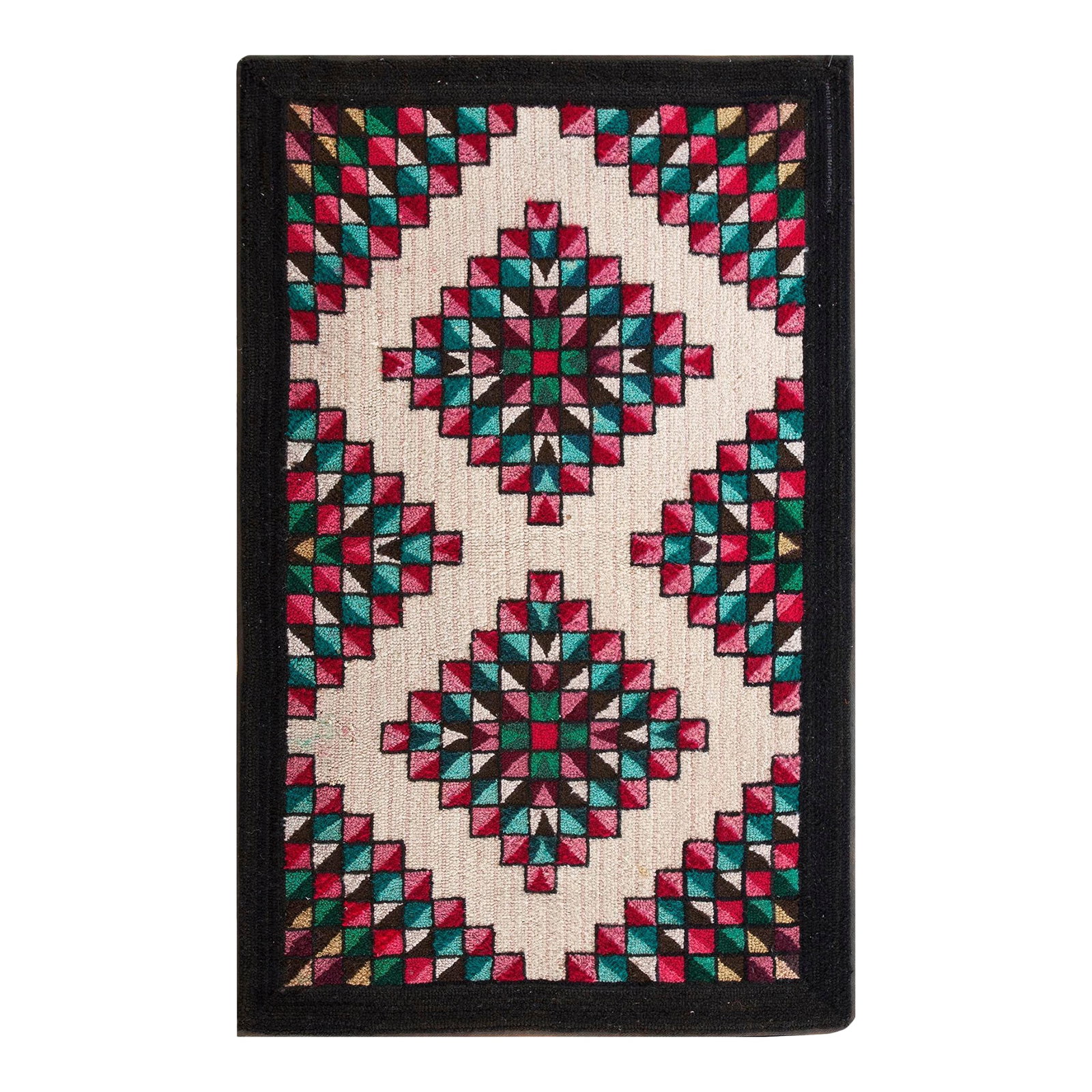 1930s Multicolor Diamond Antique American Hooked Rug Hand Knotted 2'4"x 3'8" Wool Carpet (1 of 6)