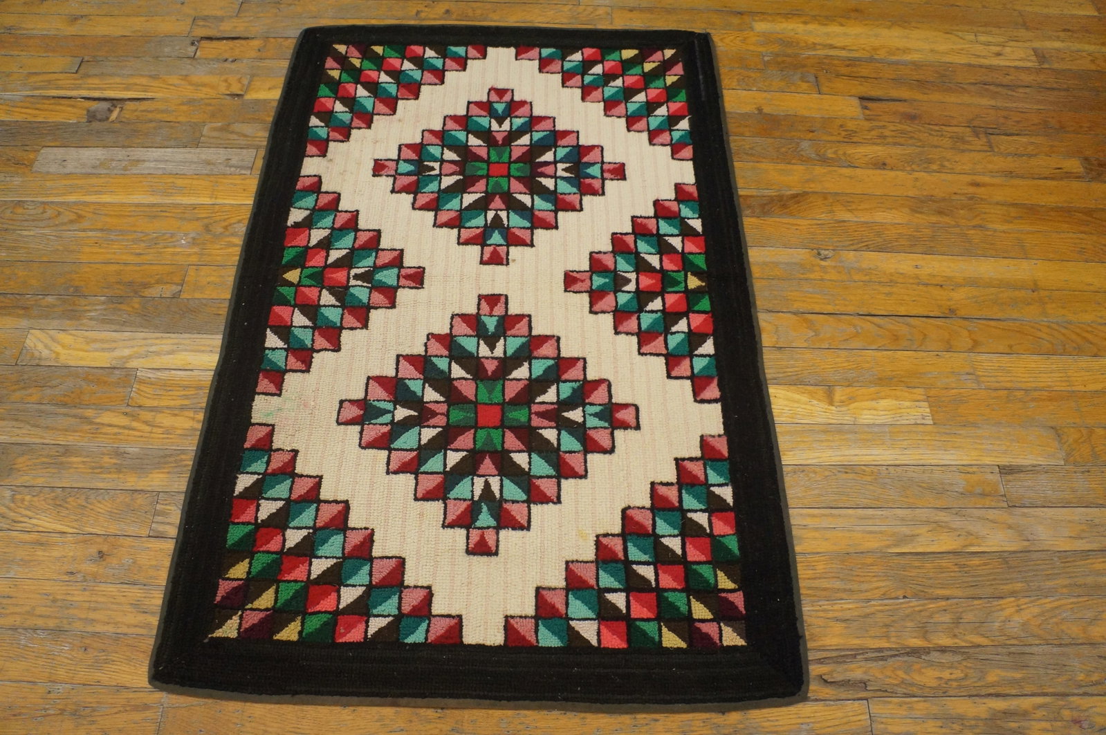 1930s Multicolor Diamond Antique American Hooked Rug Hand Knotted 2'4"x 3'8" Wool Carpet - 2