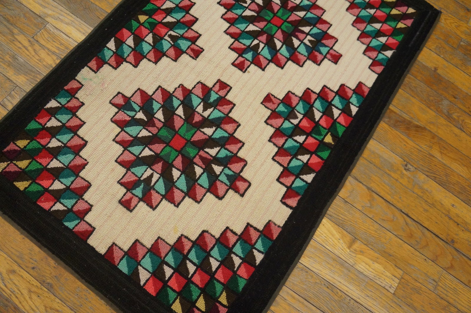 1930s Multicolor Diamond Antique American Hooked Rug Hand Knotted 2'4"x 3'8" Wool Carpet - 6