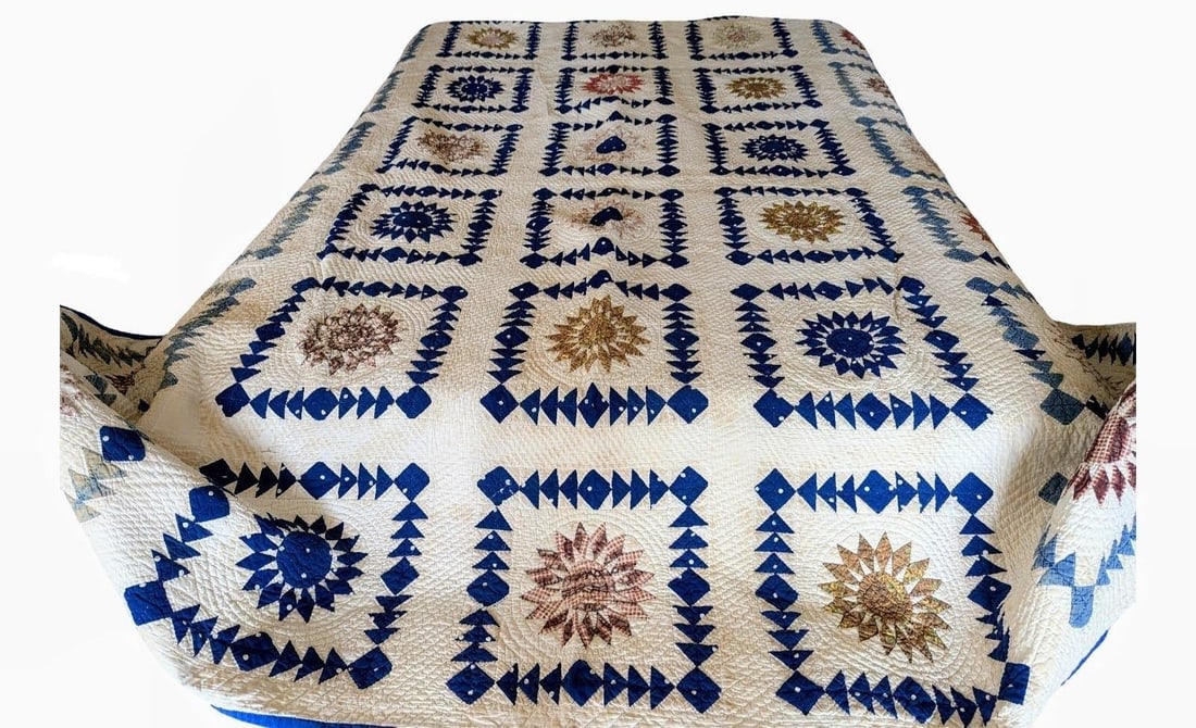 Antique Late 1800s Quilt of Mariner's Compass Pattern -Exceptionally Large Size for the Time - 2