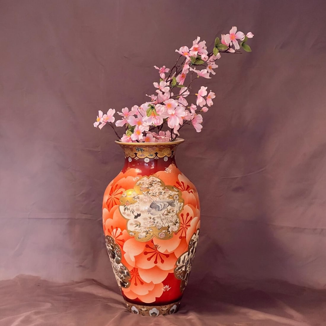 Antique Japanese Meiji Period Satsuma Floor Vase on Stand, Hand Painted Bird Panels, 21" - 11