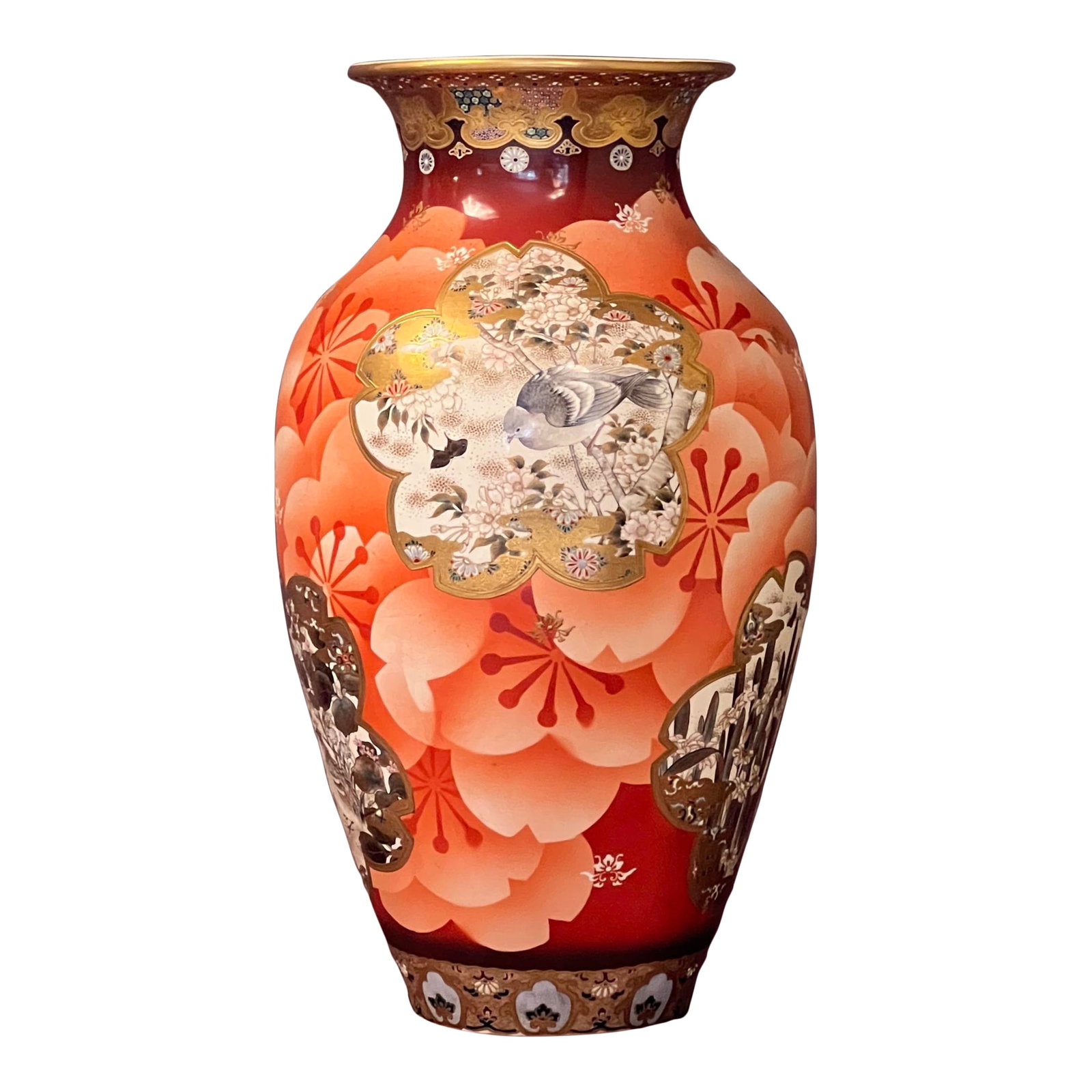 Antique Japanese Meiji Period Satsuma Floor Vase on Stand, Hand Painted Bird Panels, 21" (1 of 11)
