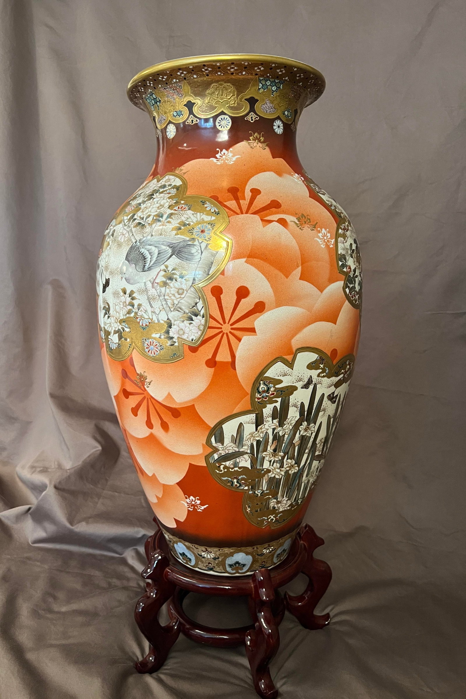 Antique Japanese Meiji Period Satsuma Floor Vase on Stand, Hand Painted Bird Panels, 21" - 2