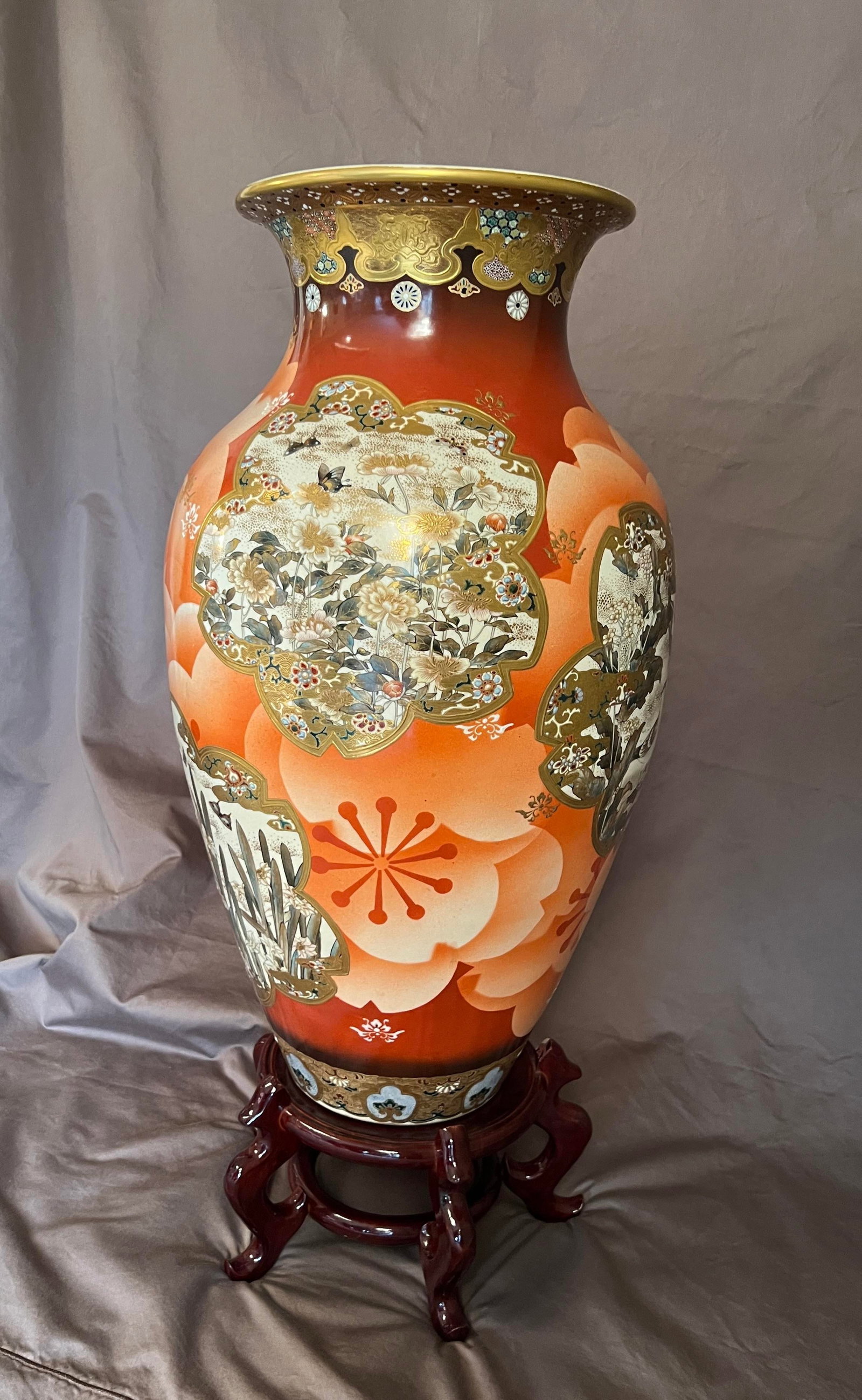 Antique Japanese Meiji Period Satsuma Floor Vase on Stand, Hand Painted Bird Panels, 21" - 3