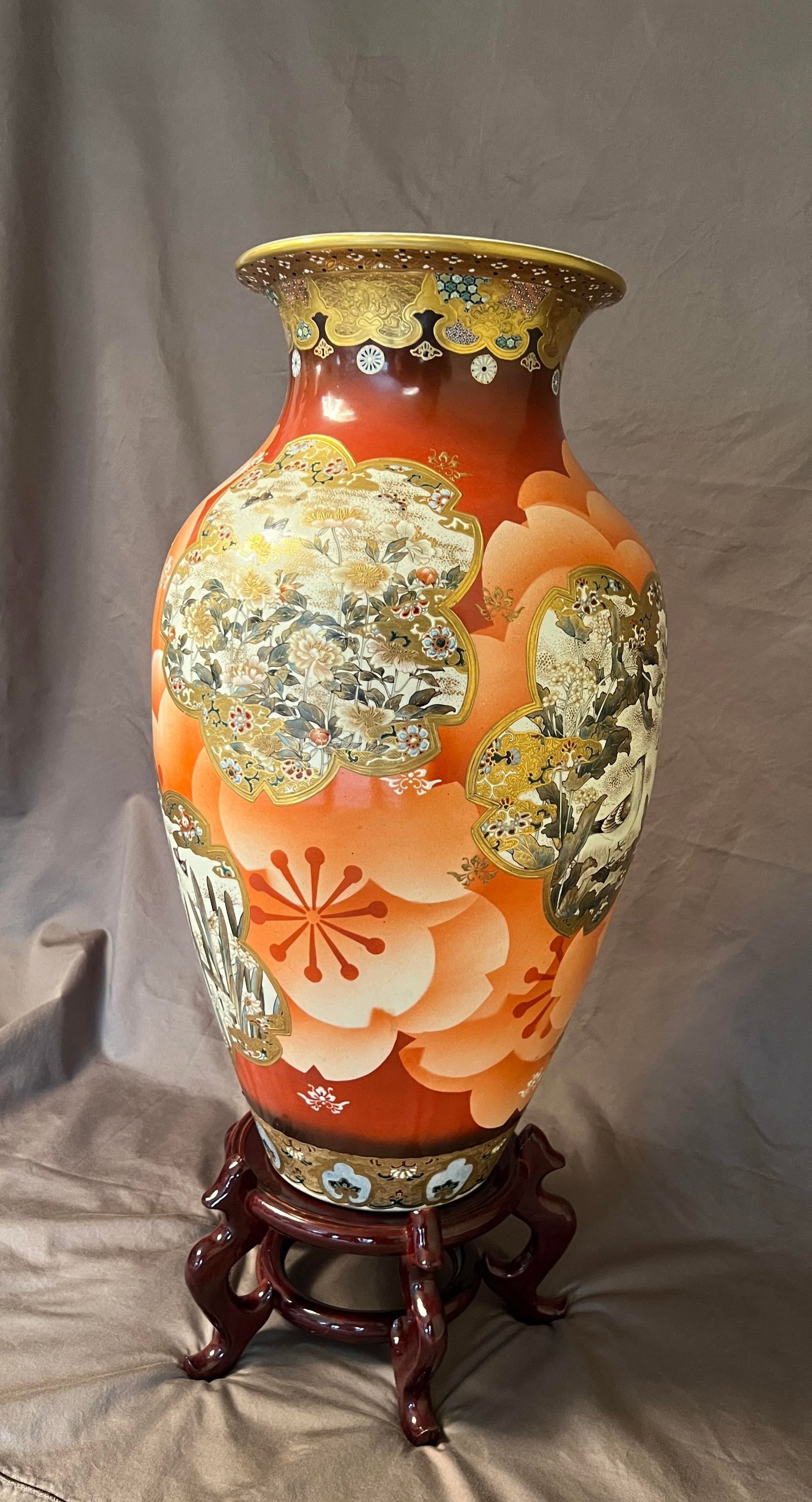 Antique Japanese Meiji Period Satsuma Floor Vase on Stand, Hand Painted Bird Panels, 21" - 4