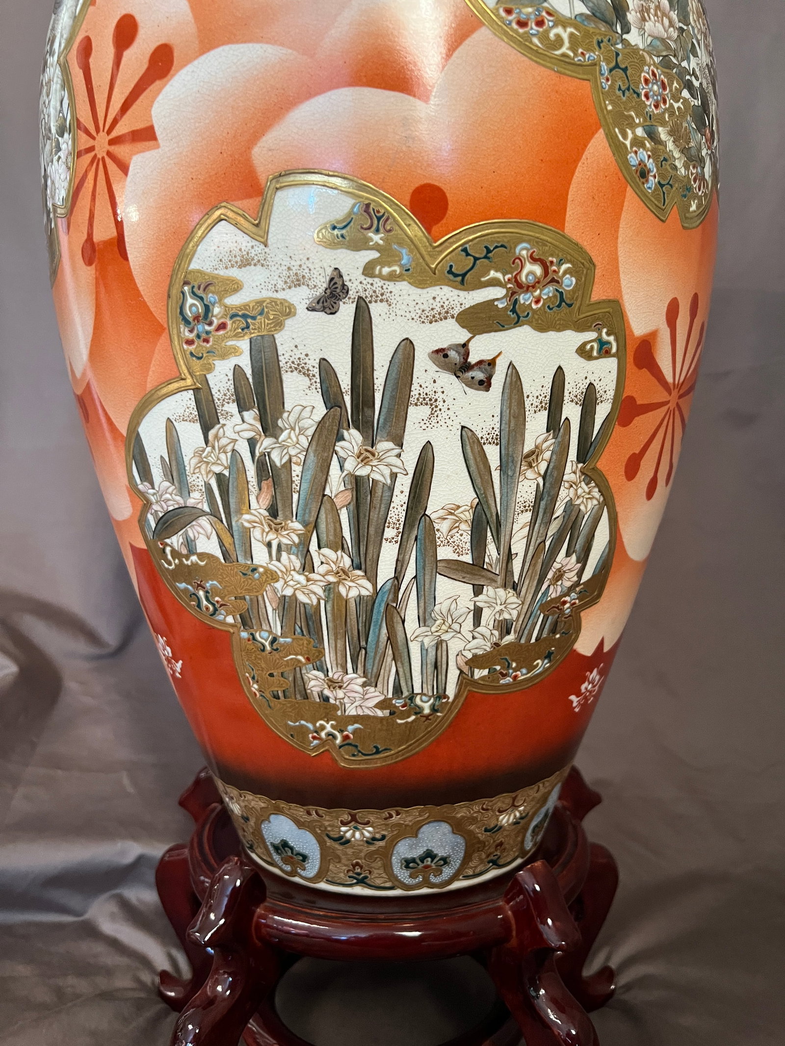 Antique Japanese Meiji Period Satsuma Floor Vase on Stand, Hand Painted Bird Panels, 21" - 5