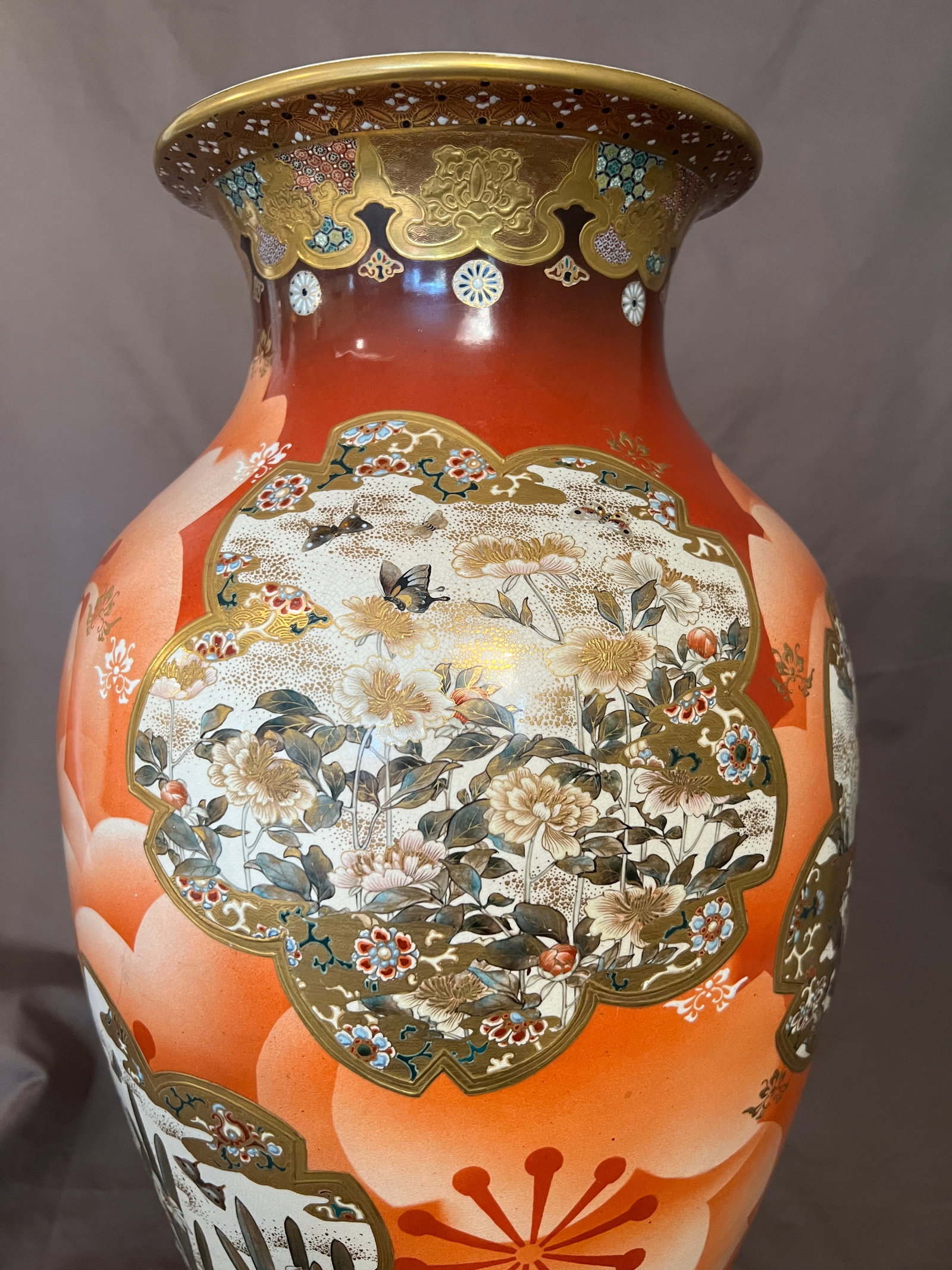 Antique Japanese Meiji Period Satsuma Floor Vase on Stand, Hand Painted Bird Panels, 21" - 6