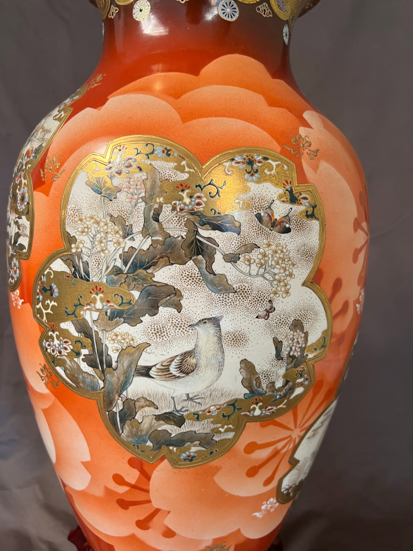 Antique Japanese Meiji Period Satsuma Floor Vase on Stand, Hand Painted Bird Panels, 21" - 7