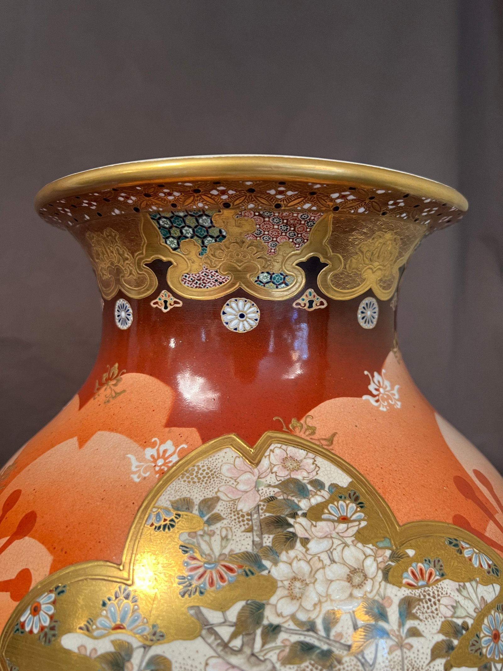Antique Japanese Meiji Period Satsuma Floor Vase on Stand, Hand Painted Bird Panels, 21" - 8