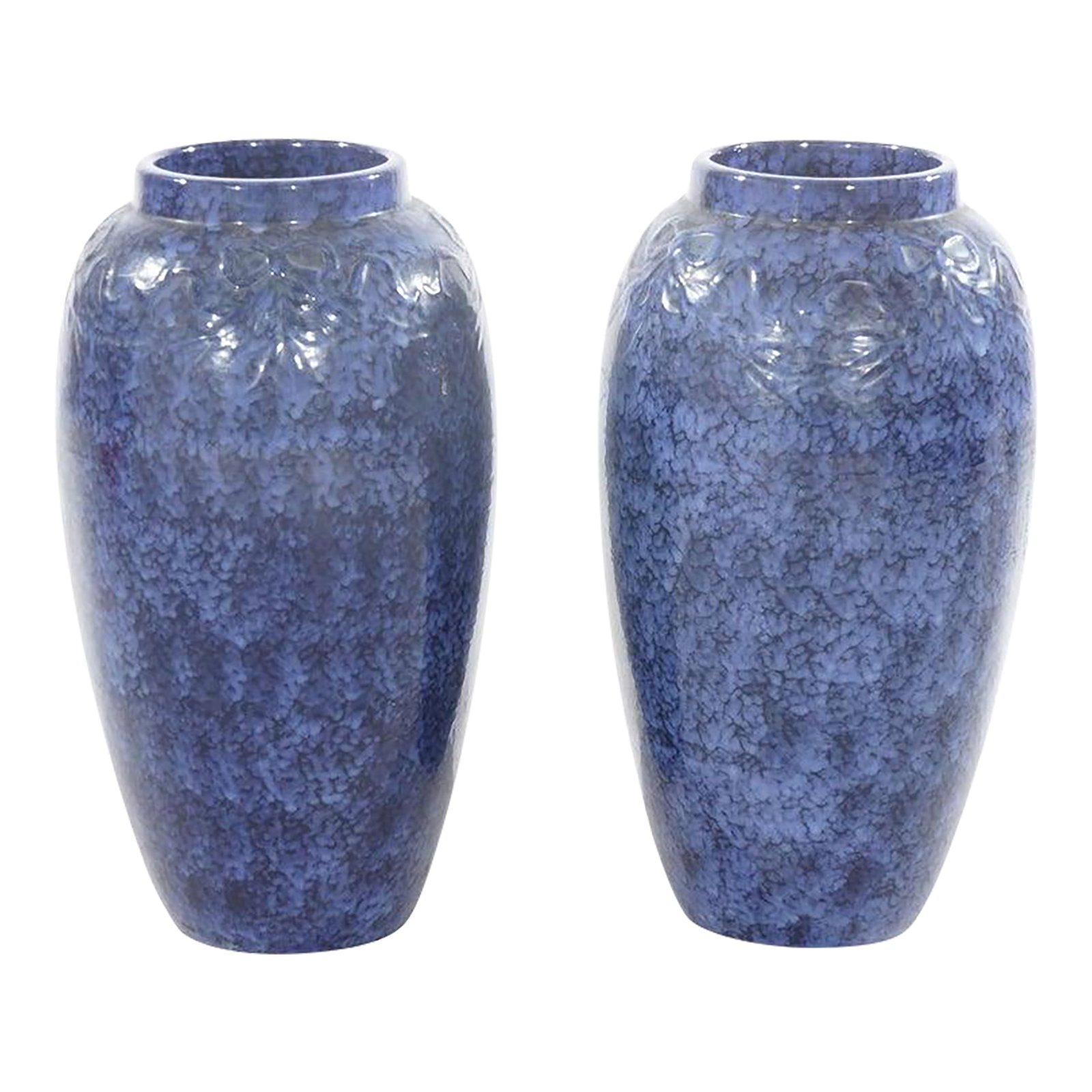 Pair Antique Roseville Art Pottery Floral Embossed Vases With Mottled Blue Glaze (1 of 6)