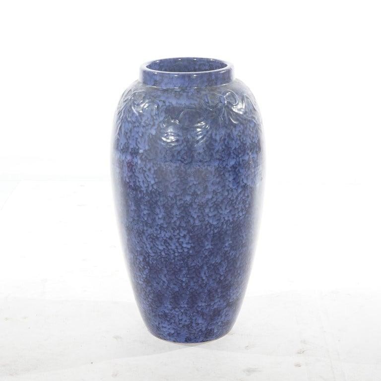 Pair Antique Roseville Art Pottery Floral Embossed Vases With Mottled Blue Glaze - 4