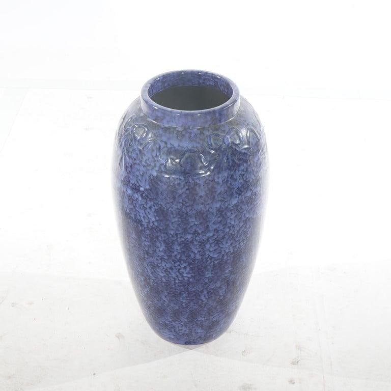 Pair Antique Roseville Art Pottery Floral Embossed Vases With Mottled Blue Glaze - 5