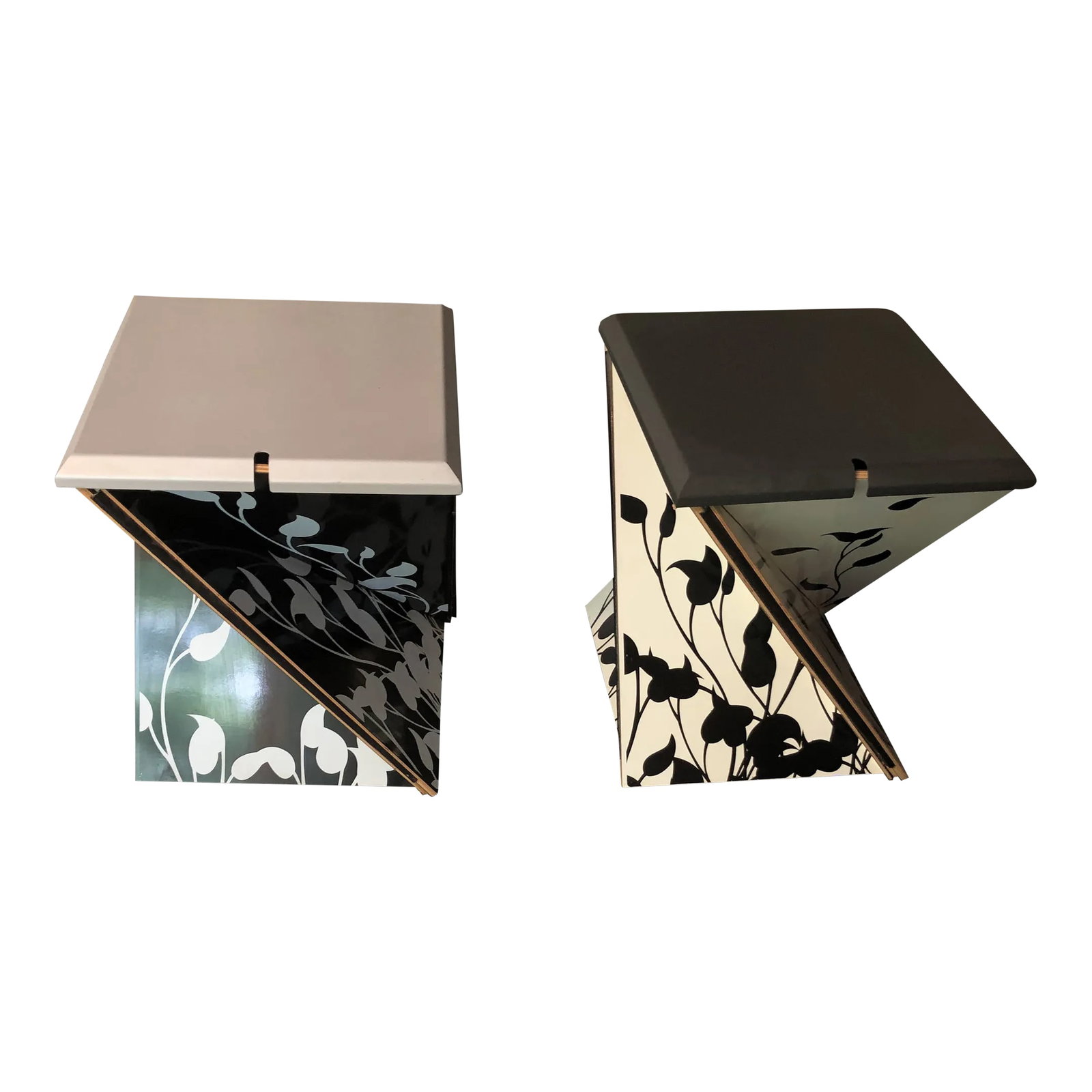Modern Kada Metal Folding Square Danese Milano End Tables or Stools -A Pair: Danese Milano Kada foldable stool / side table designed by Yves Behar. To use as a stool or side table, top or seat is removable and can be used as a tray. It is made of black and white laminated