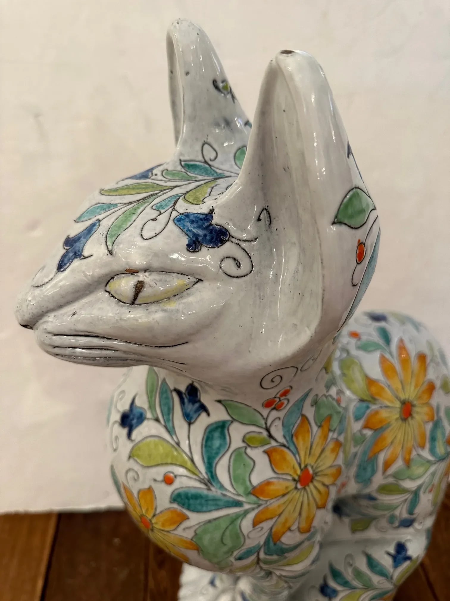 Egyptian Inspired Sgraffito Glazed Terracotta Cat With Floral Decoration - 10