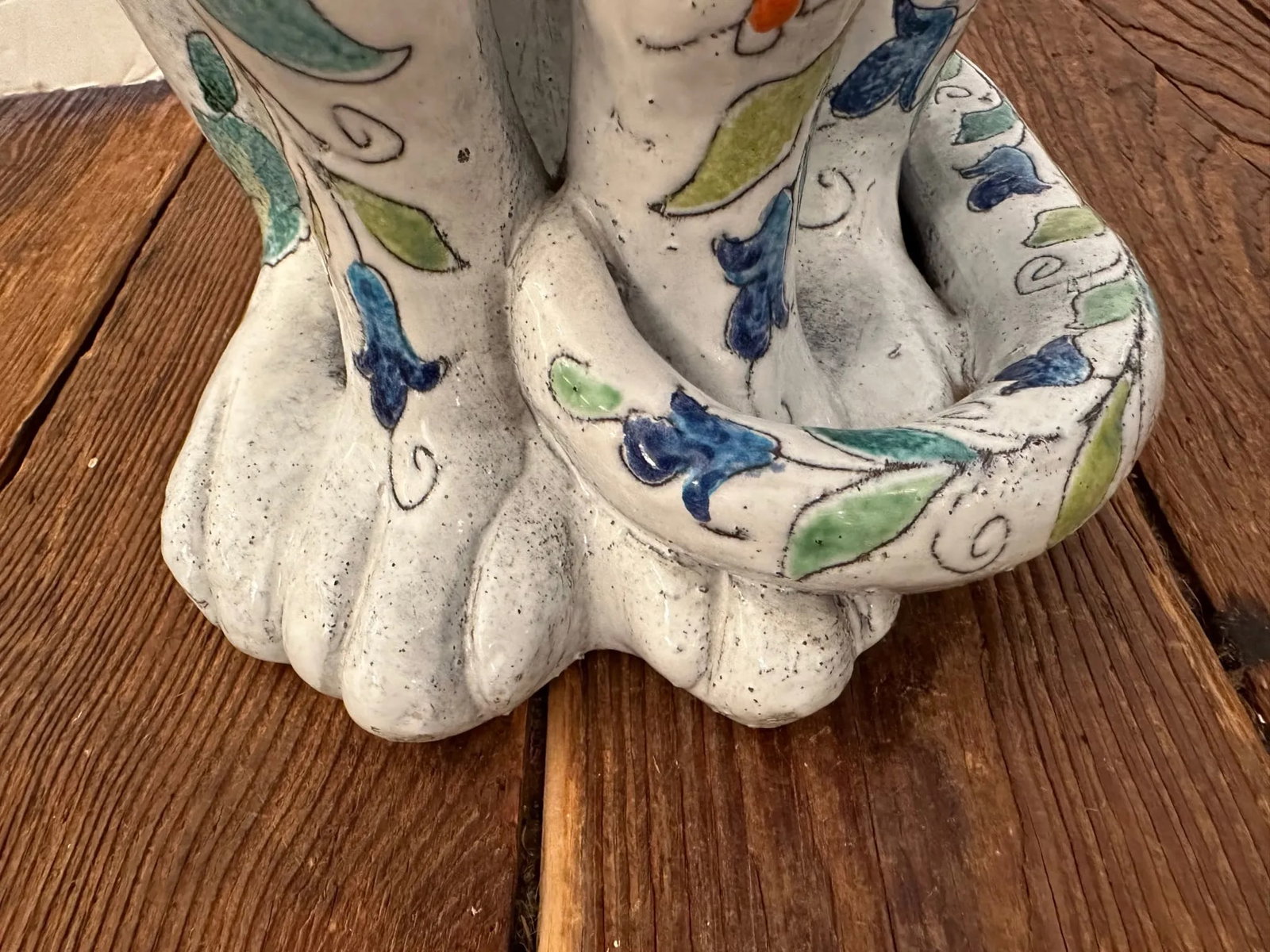 Egyptian Inspired Sgraffito Glazed Terracotta Cat With Floral Decoration - 11