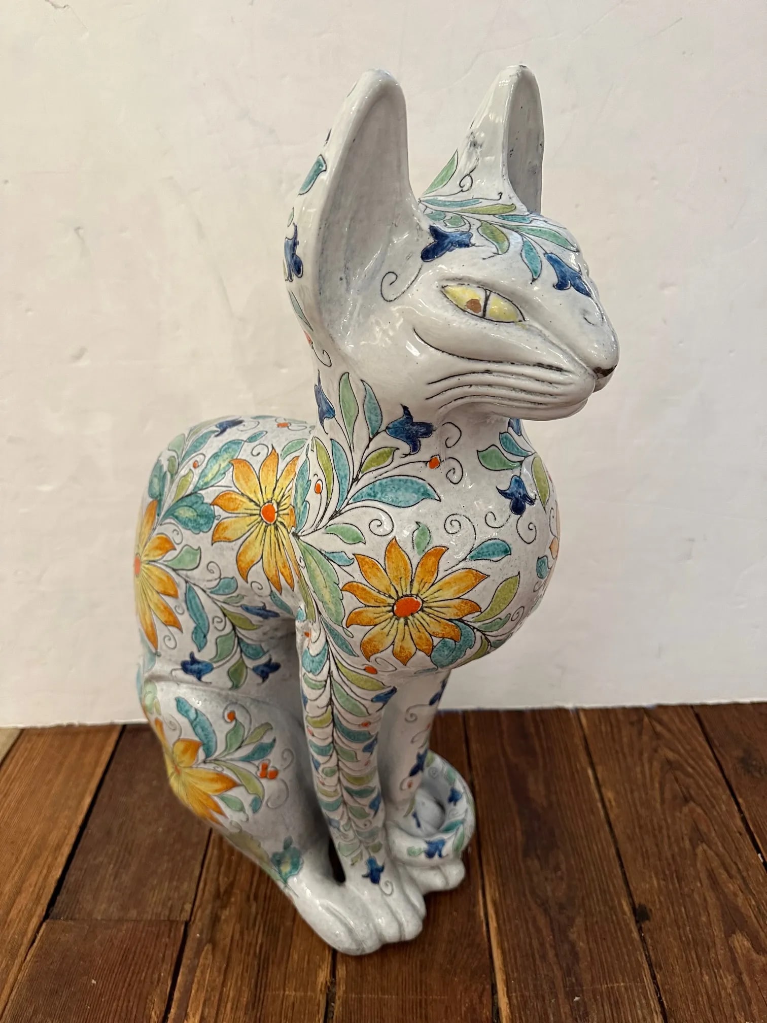 Egyptian Inspired Sgraffito Glazed Terracotta Cat With Floral Decoration - 13