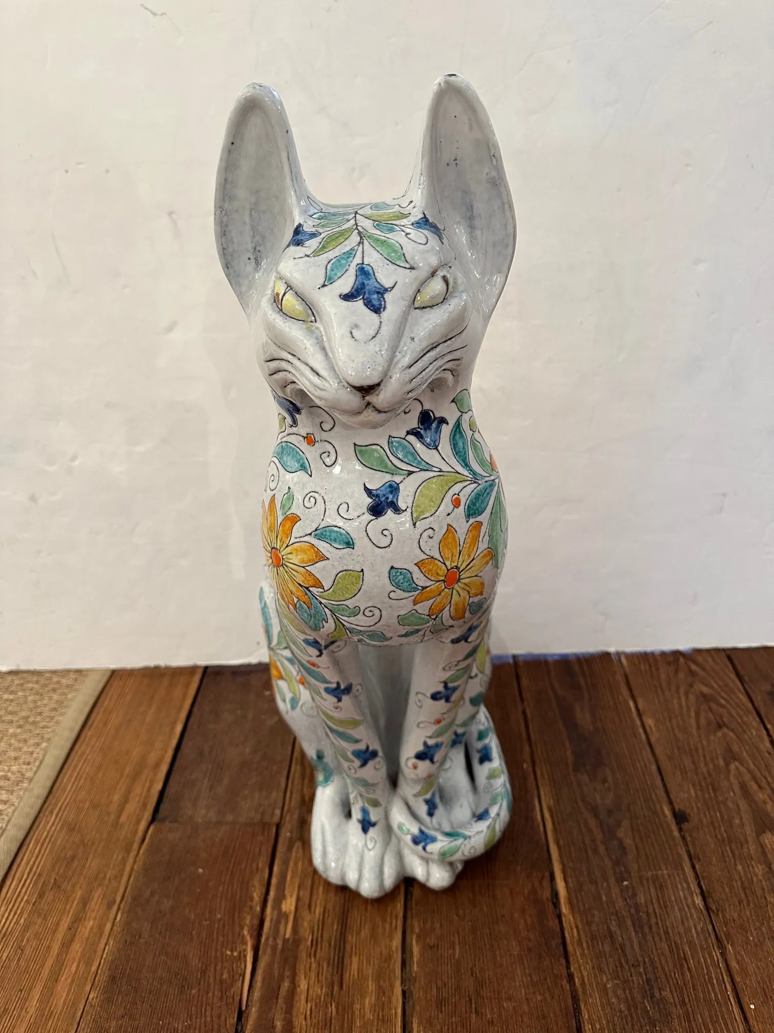Egyptian Inspired Sgraffito Glazed Terracotta Cat With Floral Decoration - 2
