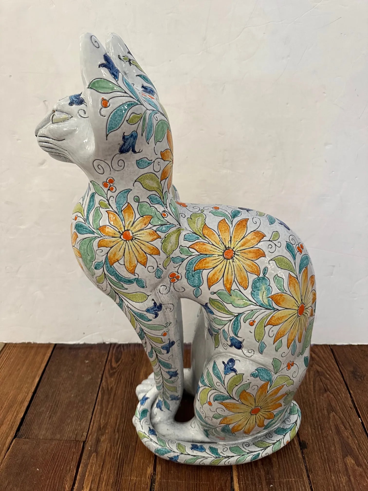 Egyptian Inspired Sgraffito Glazed Terracotta Cat With Floral Decoration - 3