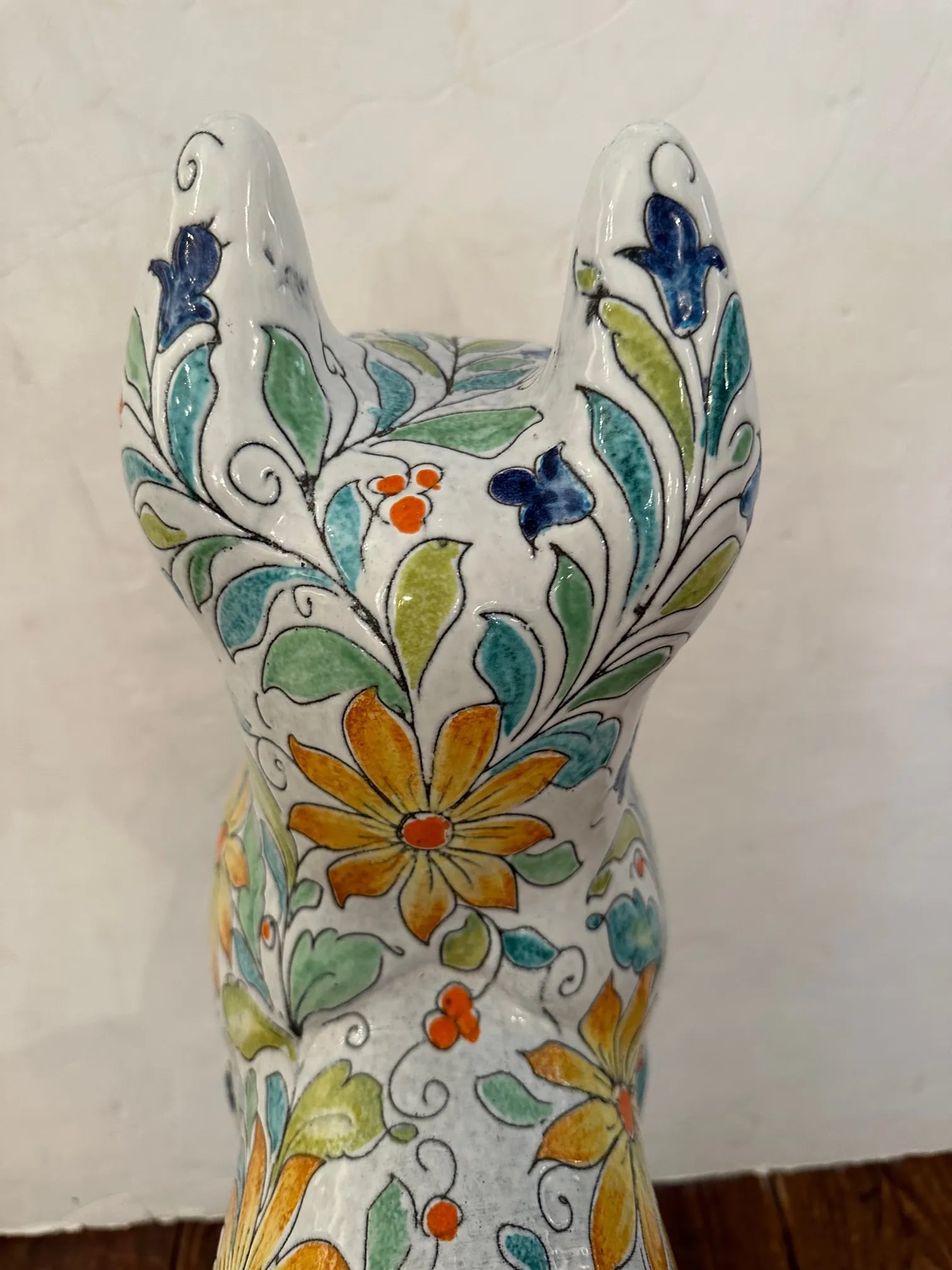 Egyptian Inspired Sgraffito Glazed Terracotta Cat With Floral Decoration - 4