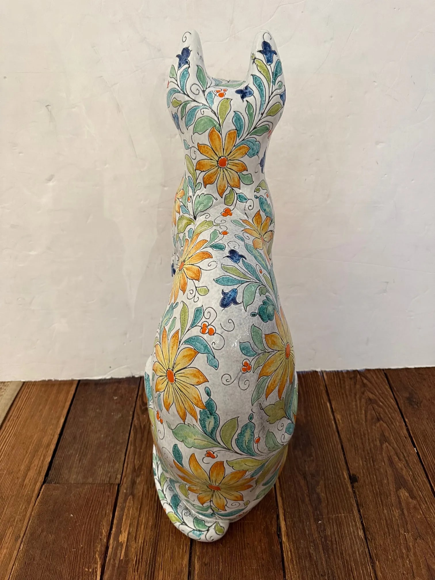 Egyptian Inspired Sgraffito Glazed Terracotta Cat With Floral Decoration - 5