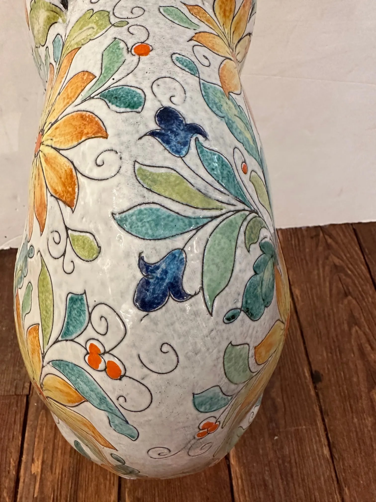 Egyptian Inspired Sgraffito Glazed Terracotta Cat With Floral Decoration - 6
