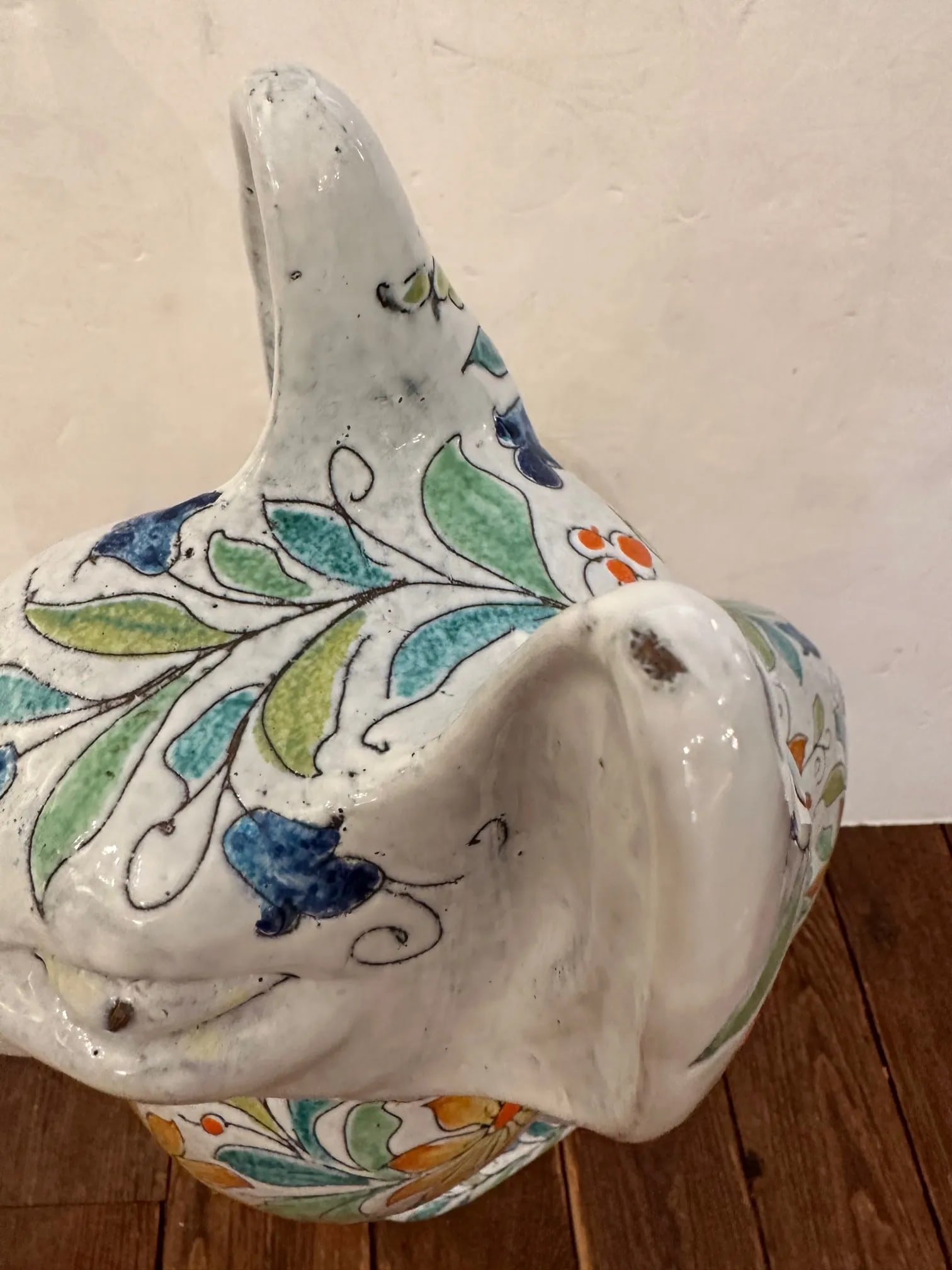 Egyptian Inspired Sgraffito Glazed Terracotta Cat With Floral Decoration - 7