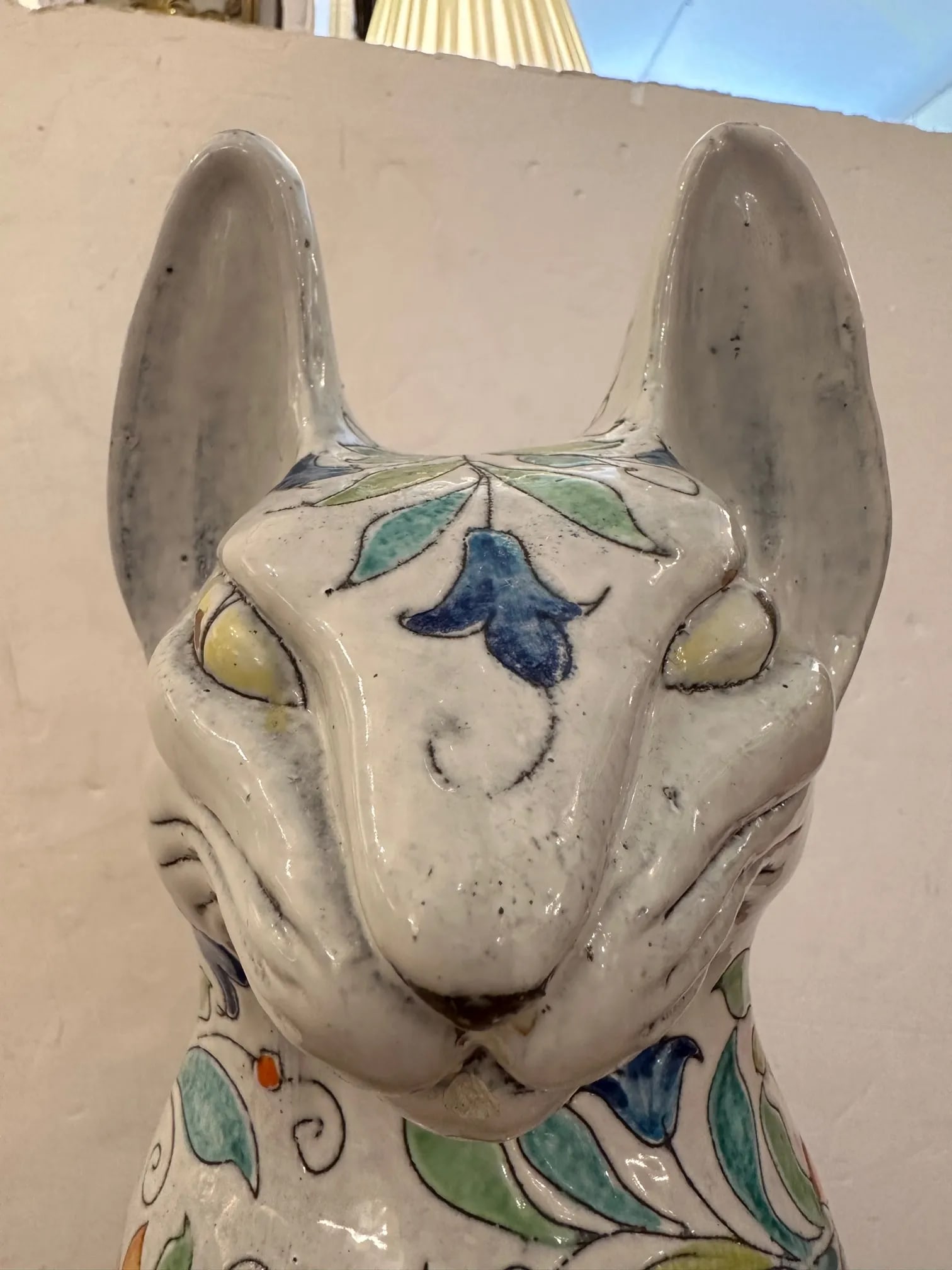Egyptian Inspired Sgraffito Glazed Terracotta Cat With Floral Decoration - 8