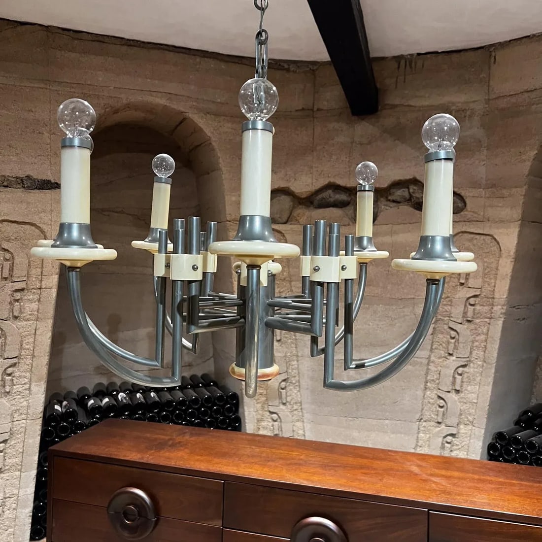 1940s Art Deco Chandelier, Eight Arm, Bakelite & Chrome, 34x31 Inches - 11
