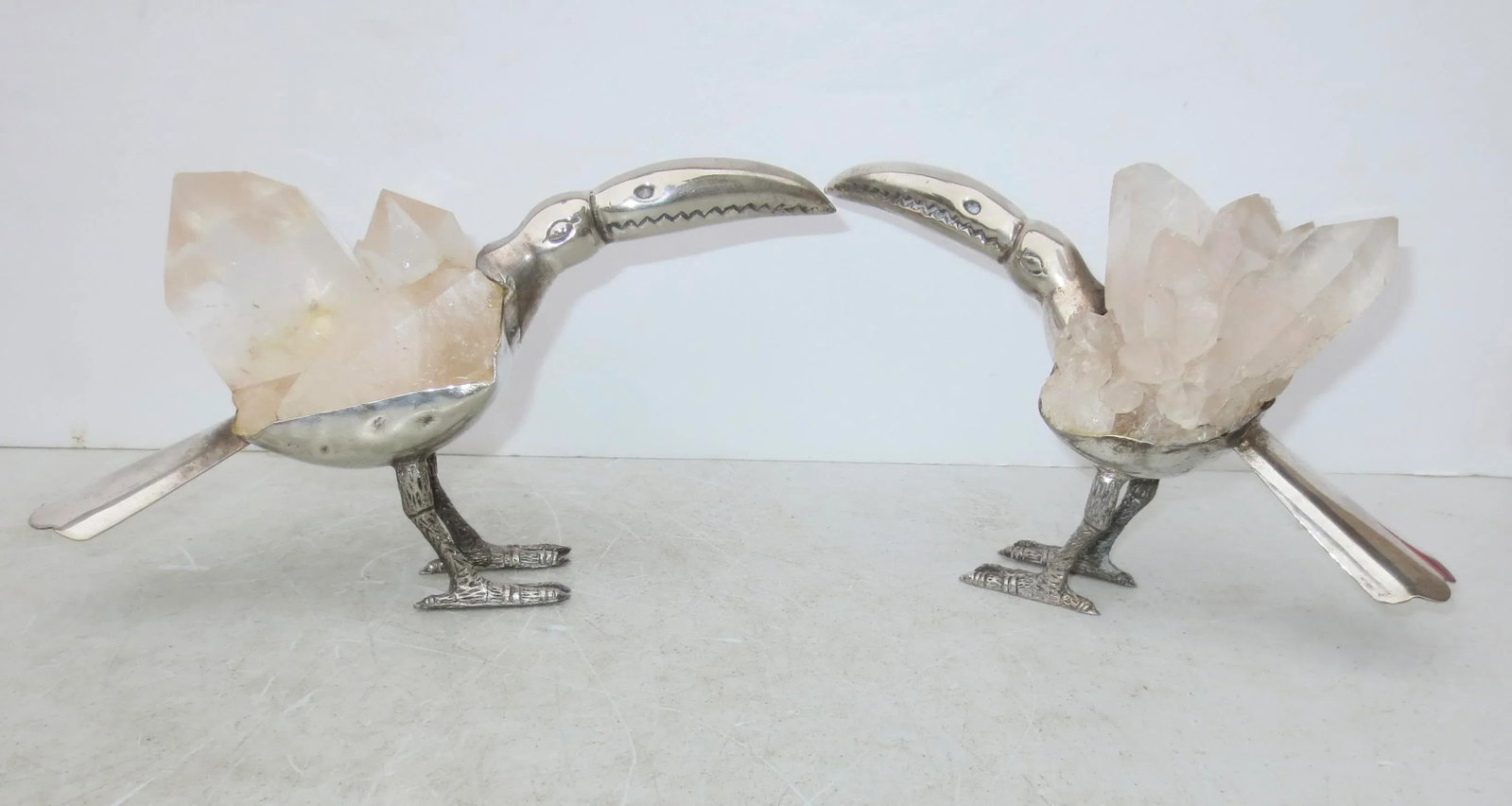 Gerson Brazilian Rock Crystal and Silvered Brass Toucans -A Pair of 2 - 2