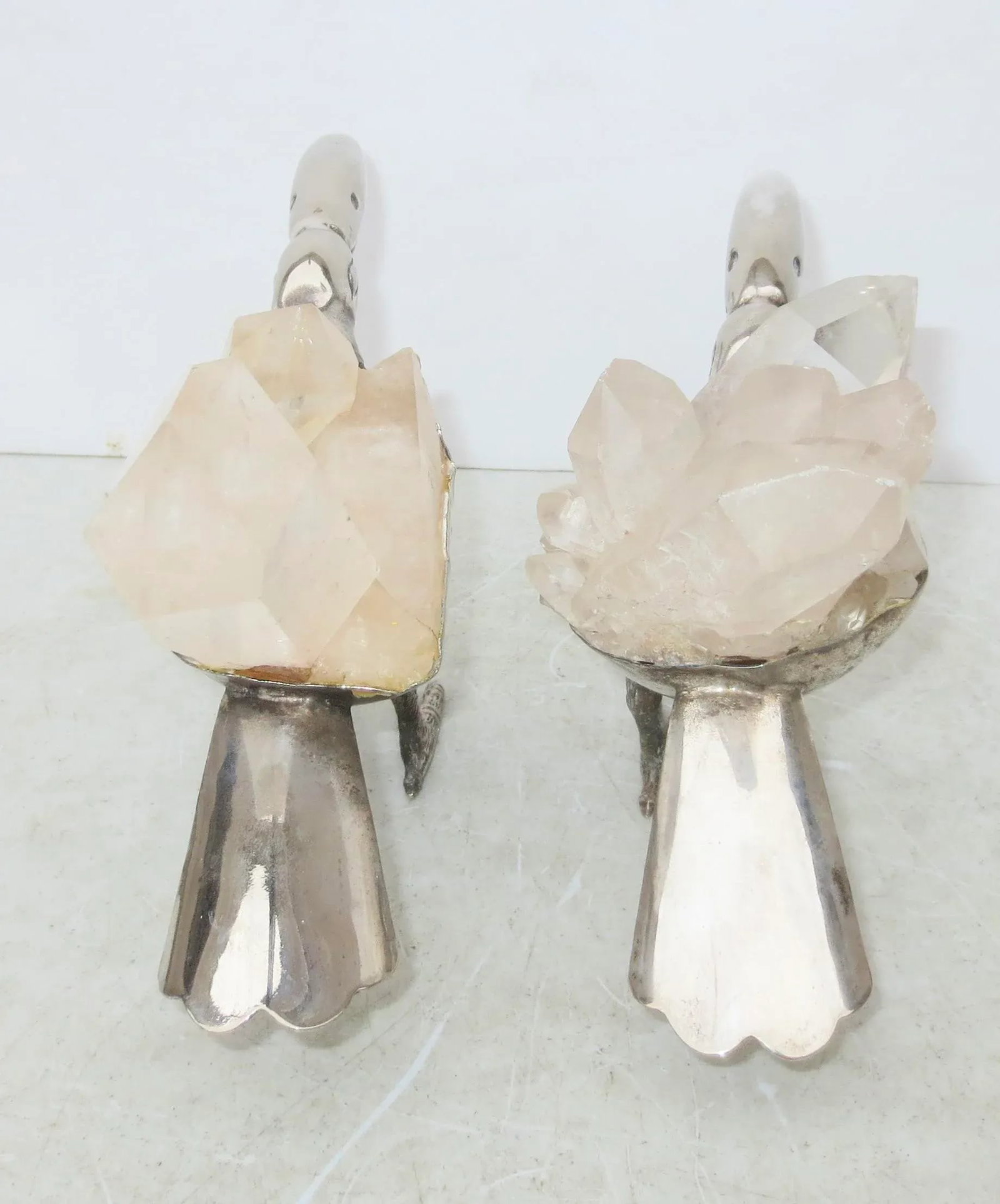 Gerson Brazilian Rock Crystal and Silvered Brass Toucans -A Pair of 2 - 4