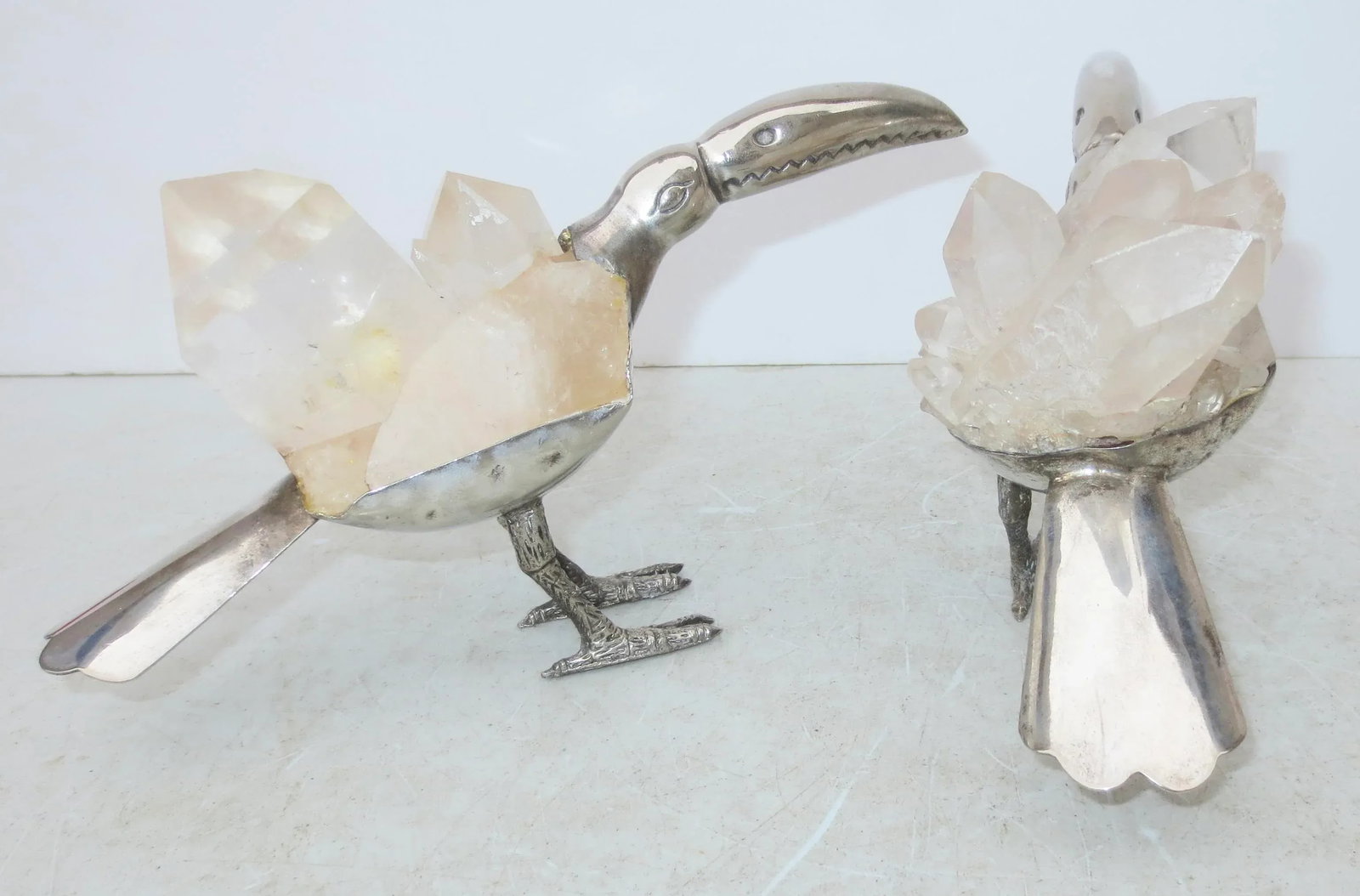 Gerson Brazilian Rock Crystal and Silvered Brass Toucans -A Pair of 2 - 5