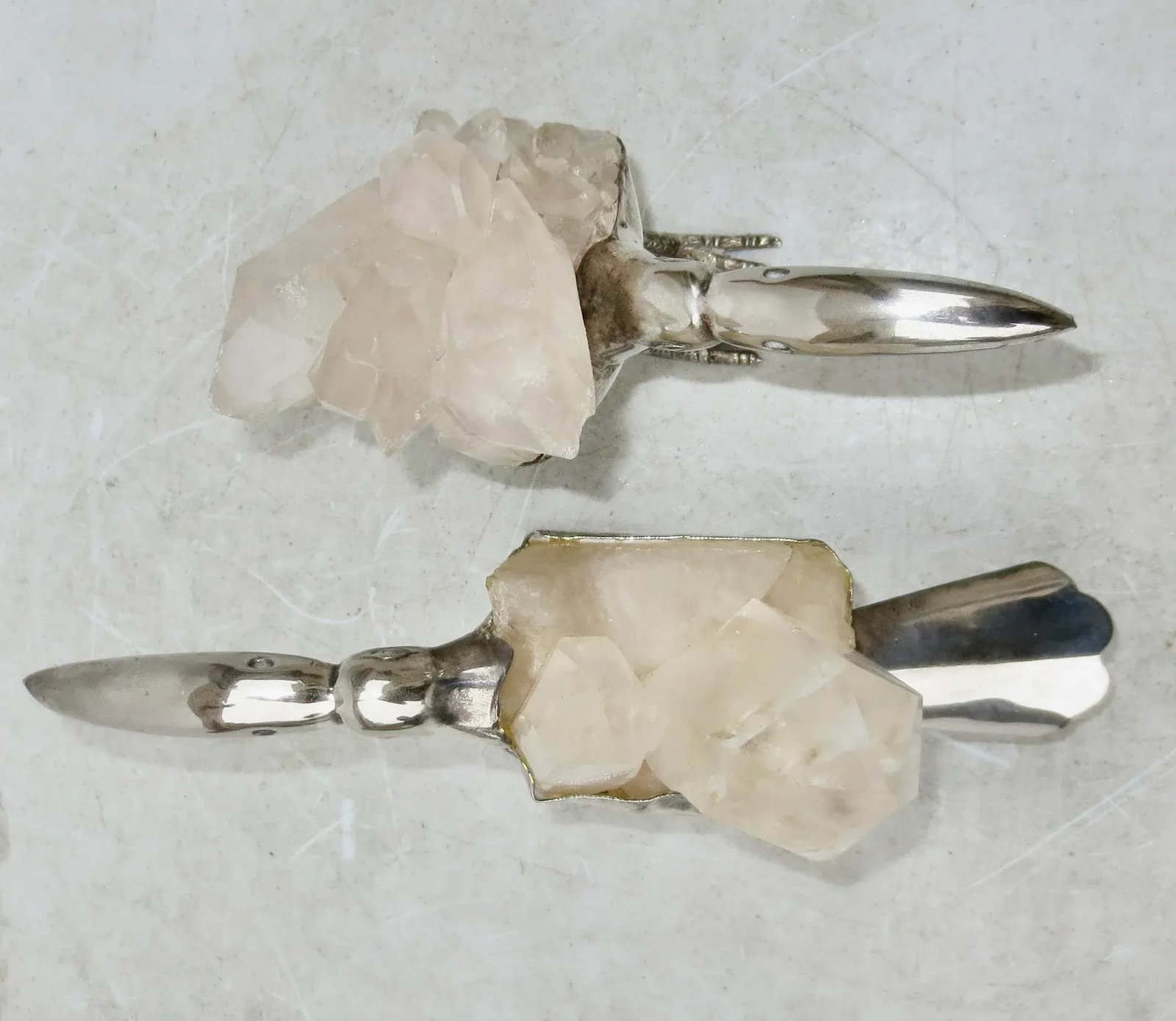 Gerson Brazilian Rock Crystal and Silvered Brass Toucans -A Pair of 2 - 6