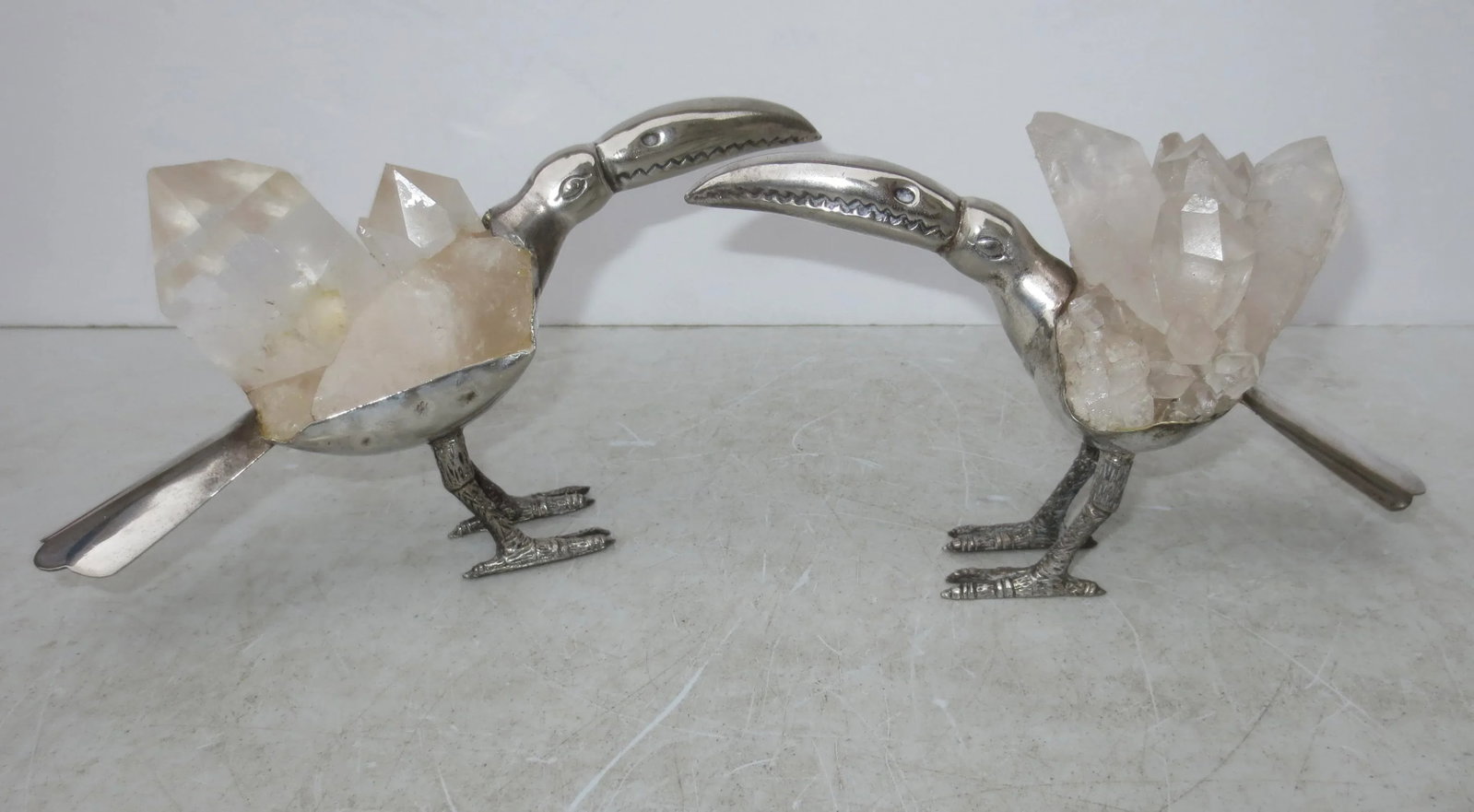 Gerson Brazilian Rock Crystal and Silvered Brass Toucans -A Pair of 2 - 7