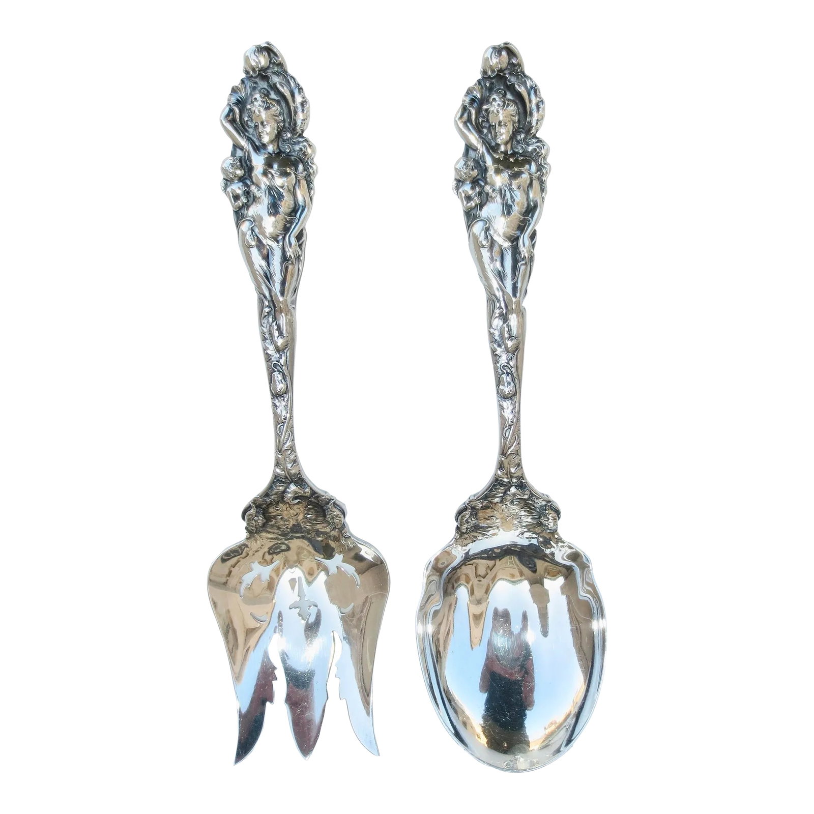 Love Disarmed Reed & Barton 1899 Sterling Silver -A Pair of 2: Reed & Barton Salad Service, Spoon, and Fork, an Extremely fine form of Art Nouveau handle, Venus and Cupid with a service of Poppies up the length of the handle on the front and back. Sterling