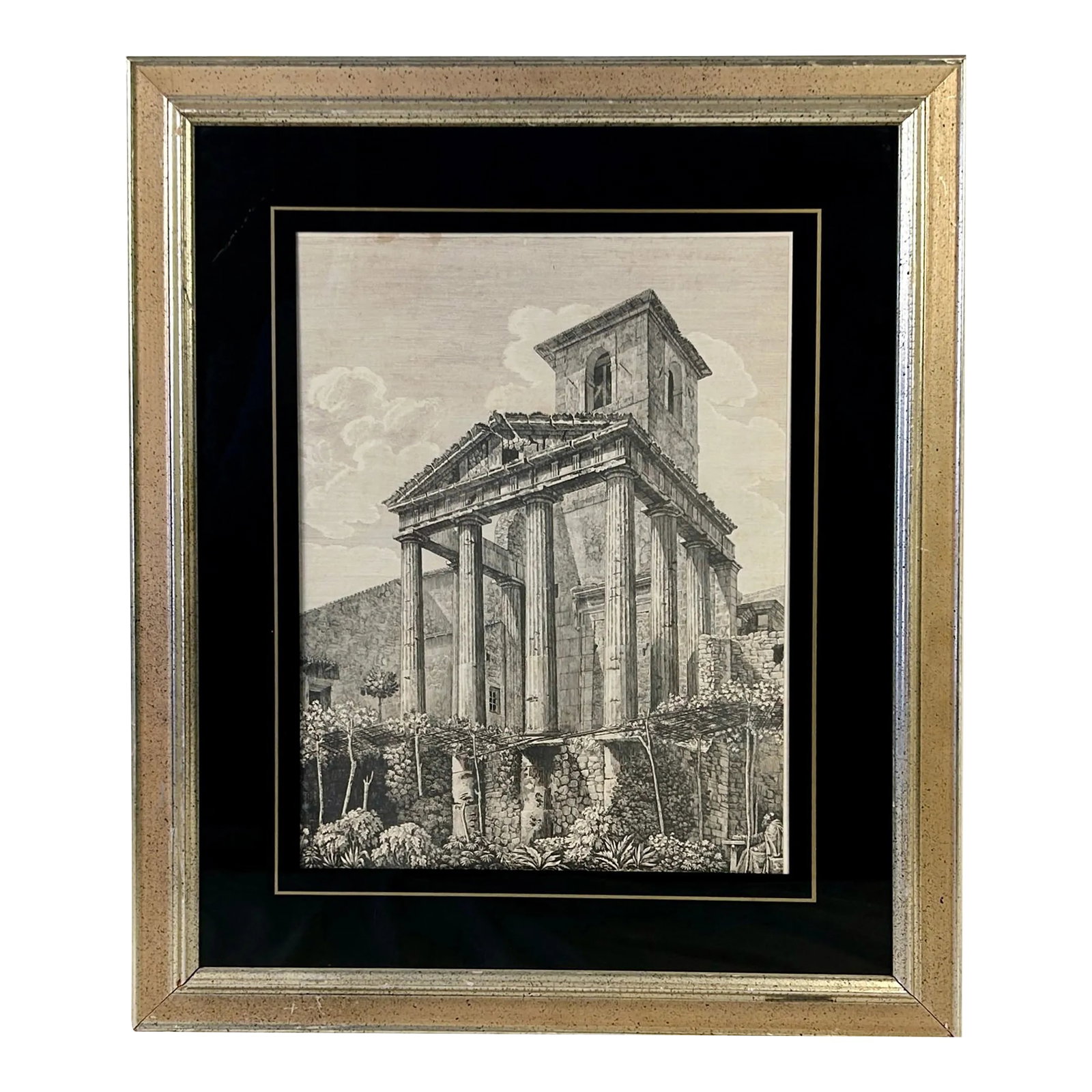 Giovanni Piranesi's "The Temple of Hercules" Engraving, Framed: The Temple of Hercules Is the only surviving sacred structure in ancient Rome that was made of Greek marble. Located in on the eastern bank of Tiber, it is one of the oldest extant buildings in the