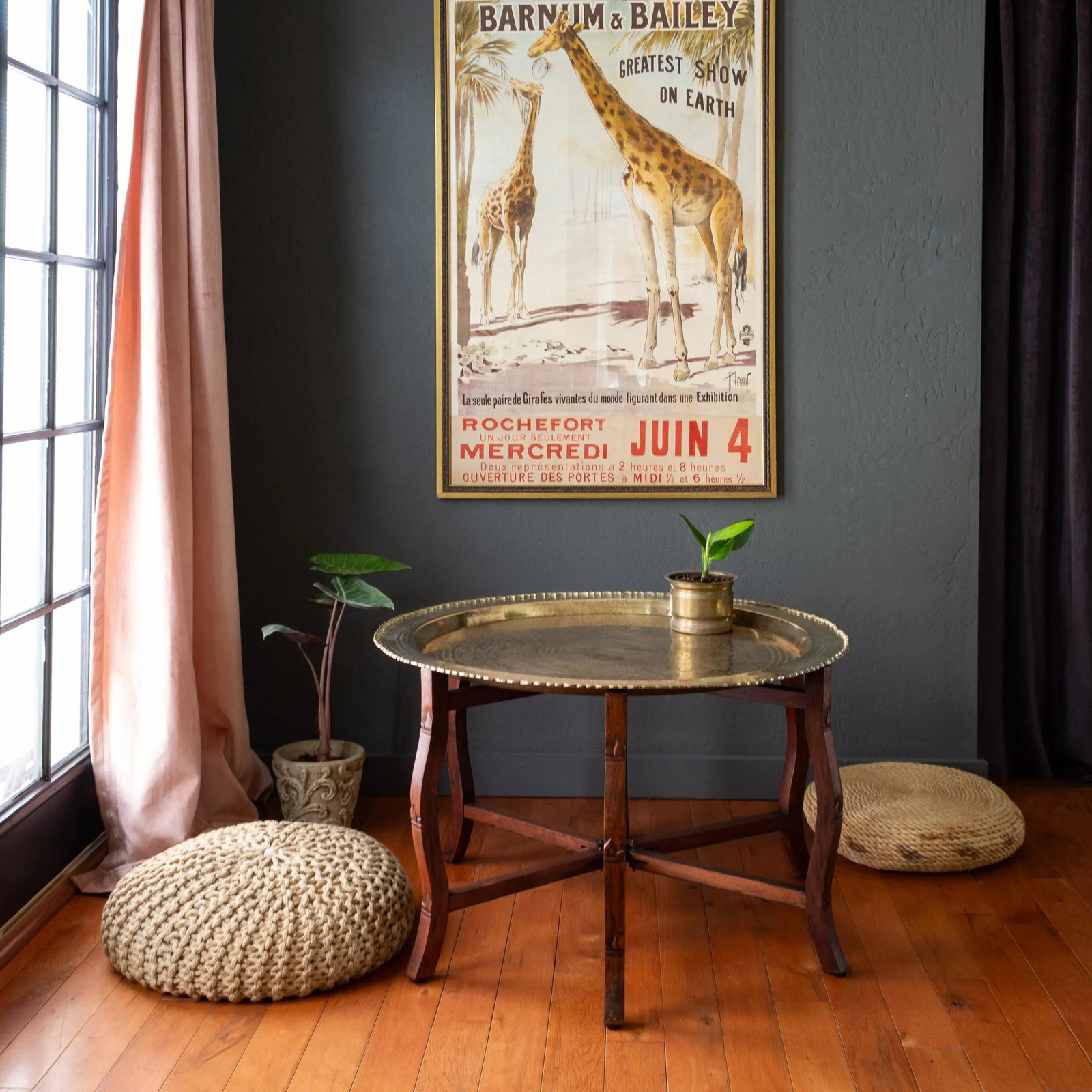 Large Round Brass and Rosewood Tray Table | Coffee Table - 7