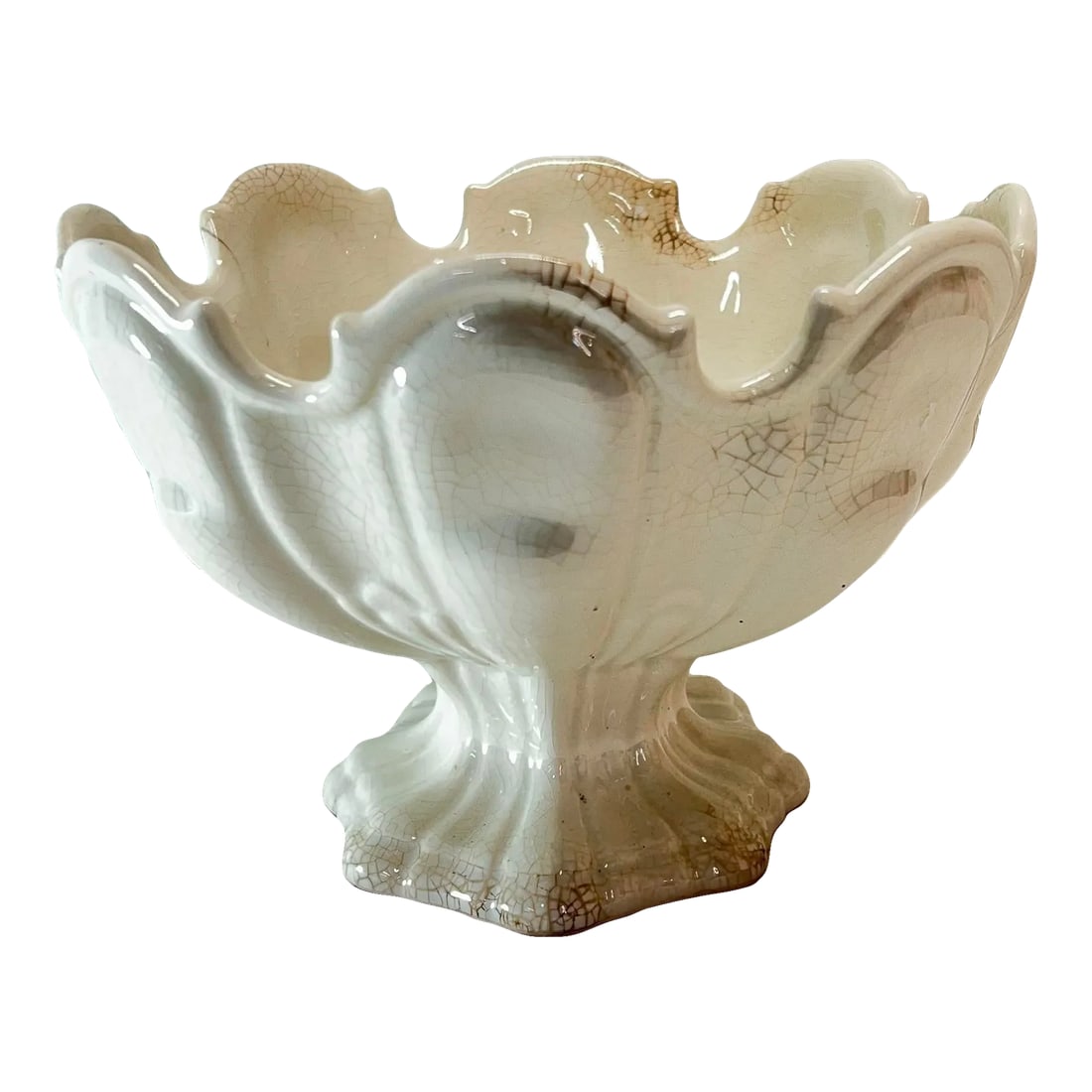 Mid Century White Ironstone Monteith Style Center Bowl by Secla Portugal: White iron stone Monteith style center bowl. Marked Secla, Portugal. Has all over crazing with some dark areas. Measures 10" w x 9" d x 6" h. A real beauty for year round display. Condition:
