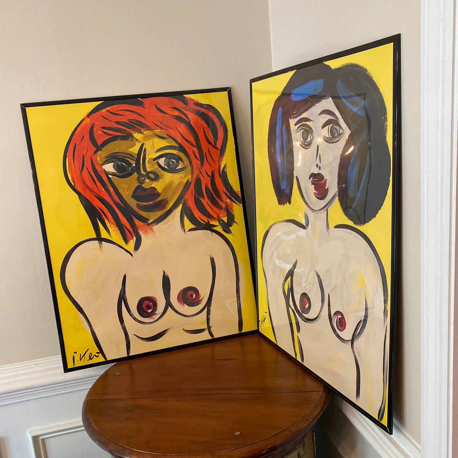 Pair of Peter Keil Original Yellow Abstract Portrait Paintings - 2
