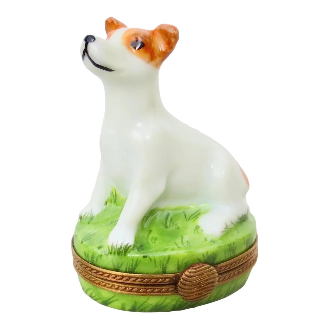 Limoges Porcelain Terrier Box: Every ready terrier waiting for the call. Small porcelain box with brass mounts. Marked Limoges France Eximious Z M. Circa 1990s. The measurements are 1.75" by 1.3" deep, and 2.25" tall. The interior