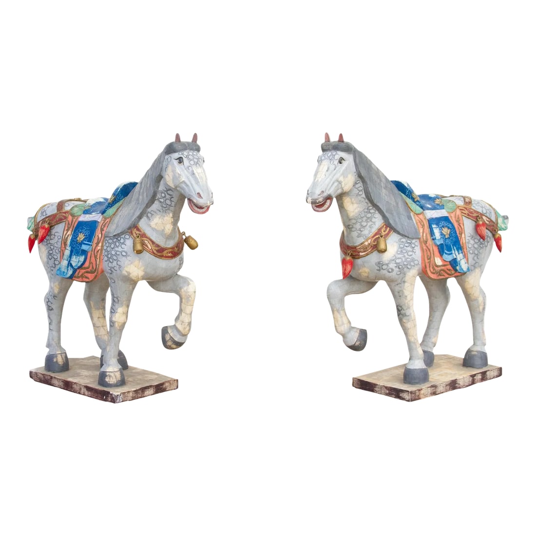 Pair of Mid-Century Inlay Veneer Horses: A captivating pair of Chinese inlaid veneer painted horses, commonly referred to as Qilin or Chilin. These figures, steeped in history, originate from the Tang dynasty and are revered for symbolizing