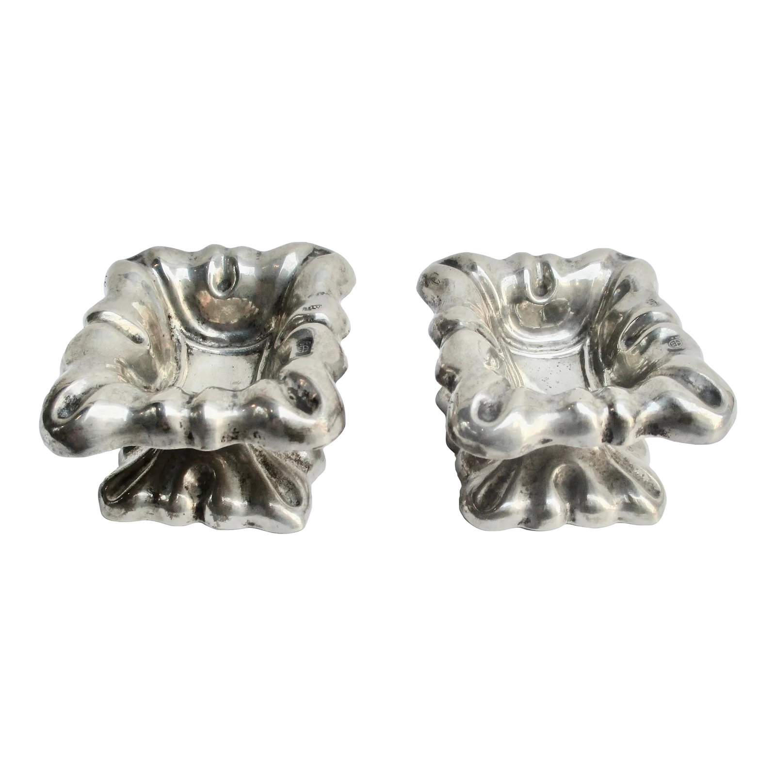 Antique Austro-Hungarian Silver Salt & Pepper Servers Circa 1852- a Pair of 2: Austro-Hungarian Salt and Pepper servers. Hallmarked to the inner bowl with two city hallmarks. Dates 1852. Both monograms are F to the lower corner. The weights are 16.8 DWT. The sizes are 2.25" by