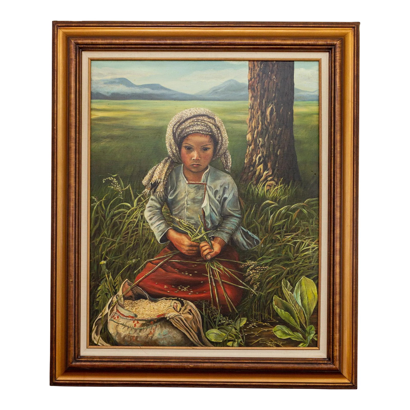 Oil Painting Portrait of an Asian Girl in a Field | Signed and Framed: This original oil portrait features a young Asian girl in a field seated beside a bag of grain that she has been separating from the surrounding grasses. The subject is gazing directly at the viewer,