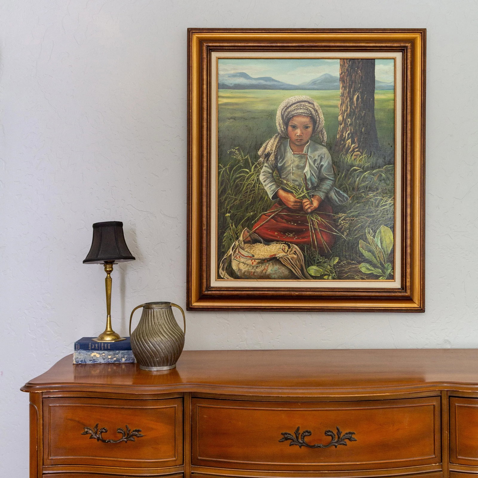 Oil Painting Portrait of an Asian Girl in a Field | Signed and Framed - 2