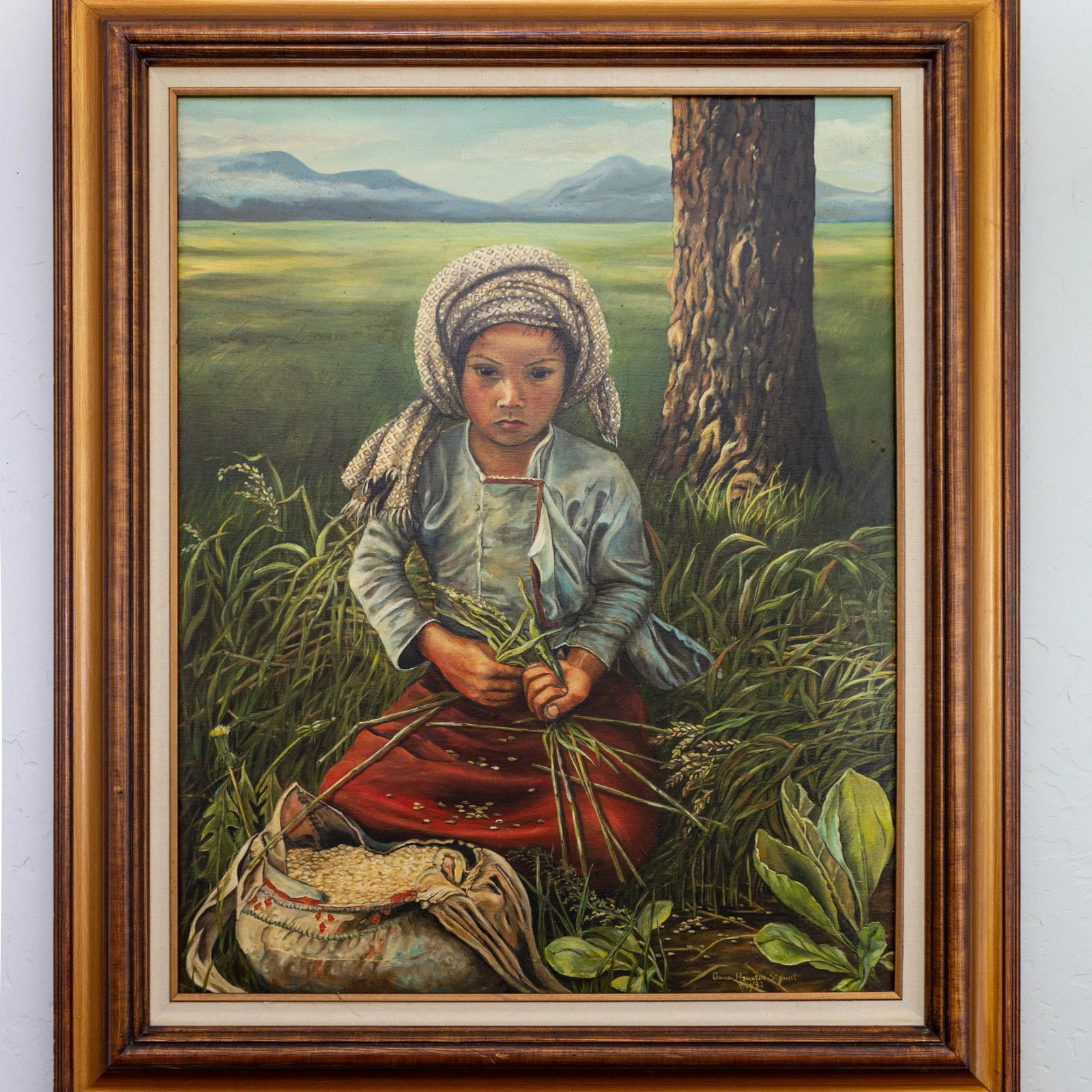 Oil Painting Portrait of an Asian Girl in a Field | Signed and Framed - 3